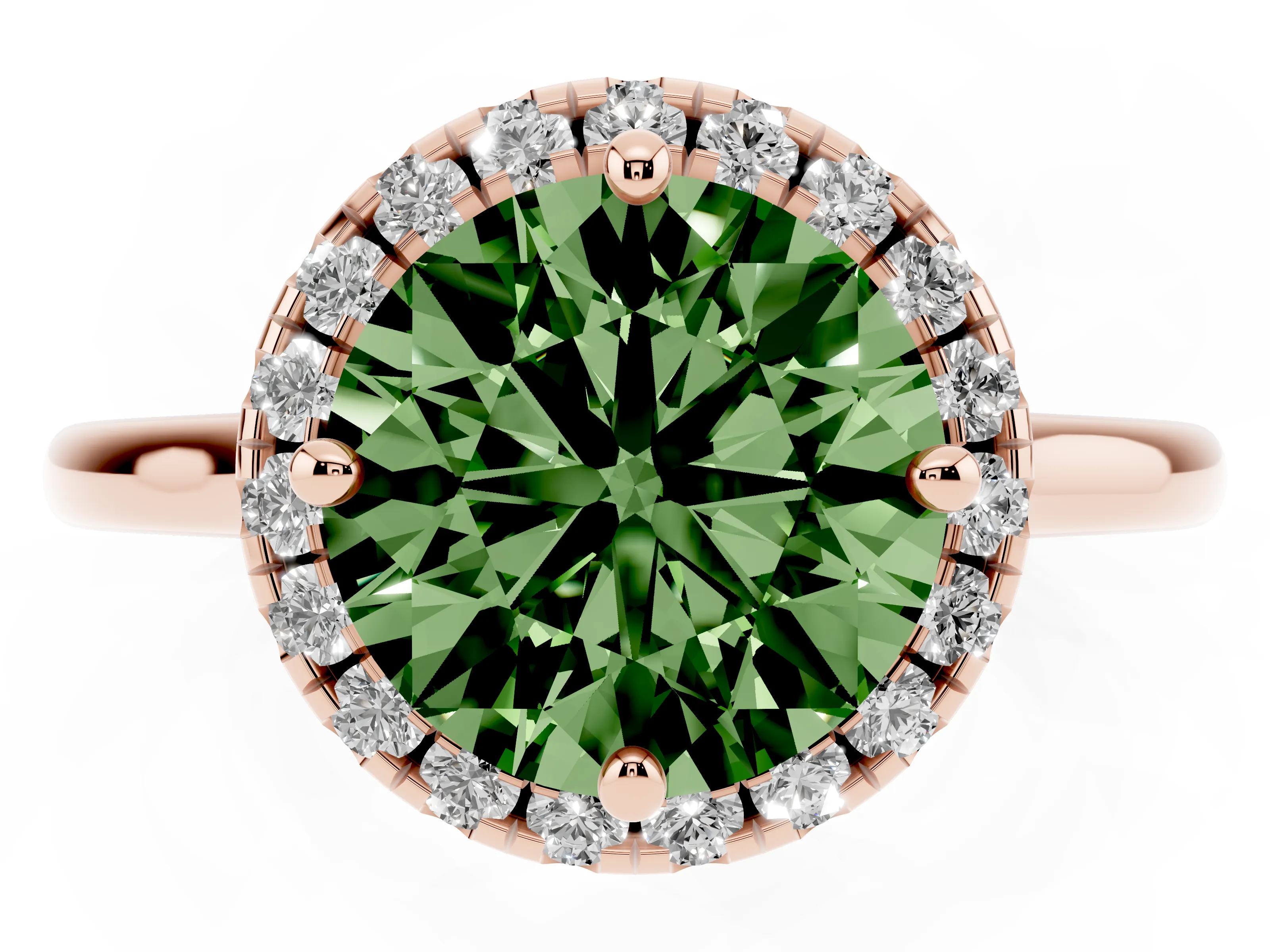 Fancy Green Round Cut Diamond Halo Engagement Ring Set in Rose gold with Pavé Band and Rising Shoulders
