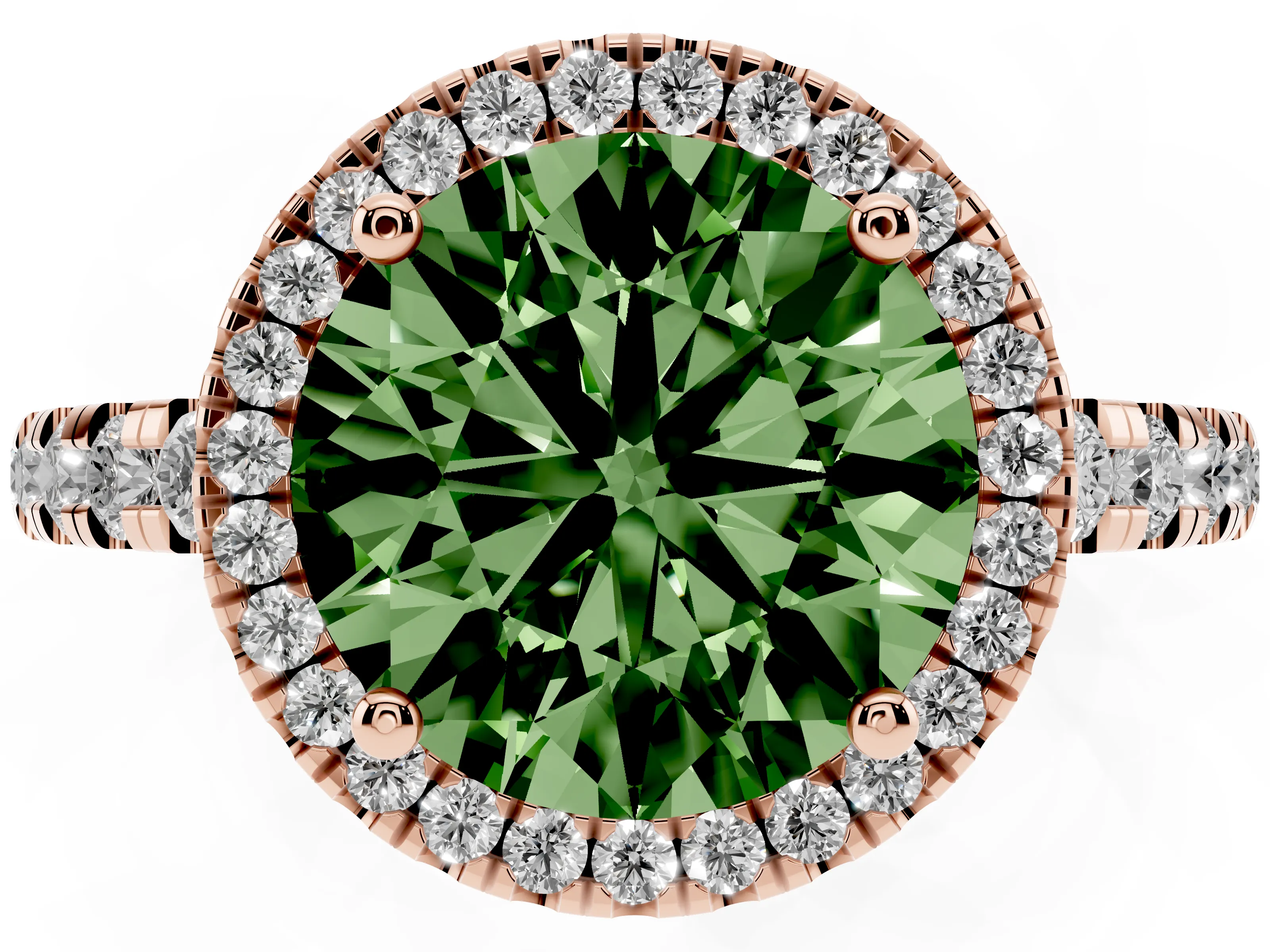 Fancy Green Round Cut Diamond Halo Ring Set in Rose gold with Delicate Pavé Band and Prong Setting