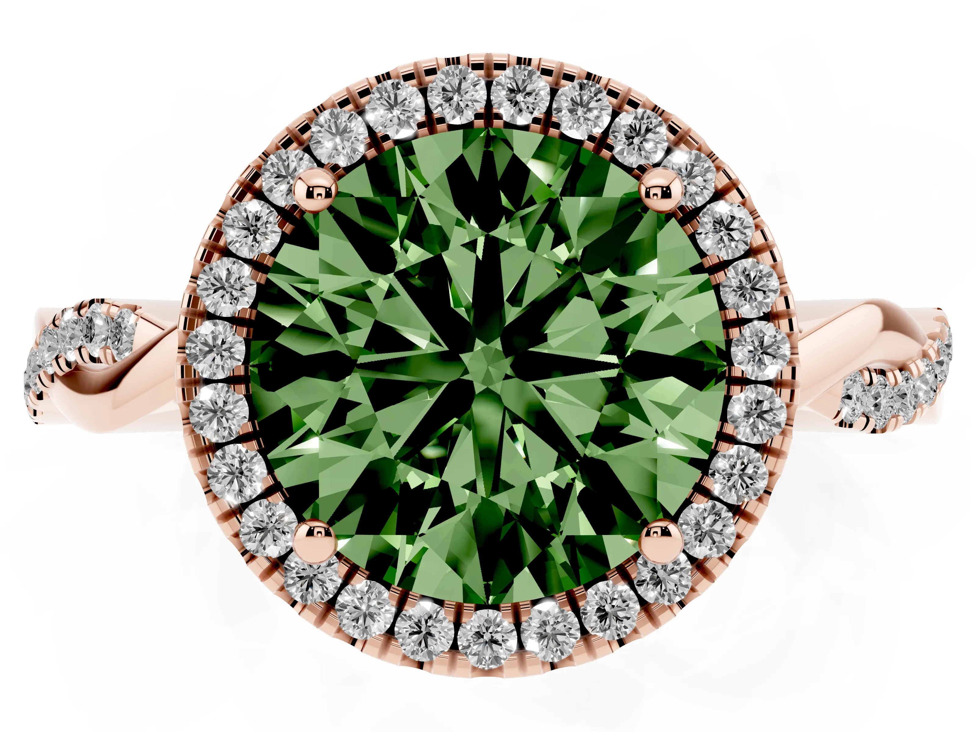 Fancy Green Round Cut Diamond Halo Twisted Band Ring Set in Rose gold with Prong Setting