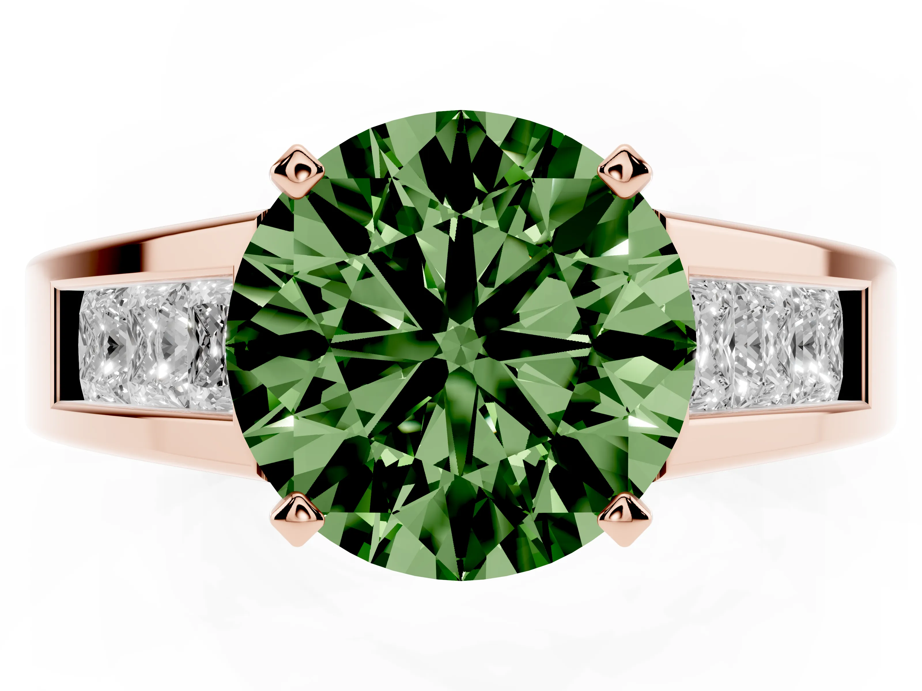 Fancy Green Round Cut Diamond Solitaire Ring Set in Rose gold with Channel-Set Accent Stones and Prong Setting