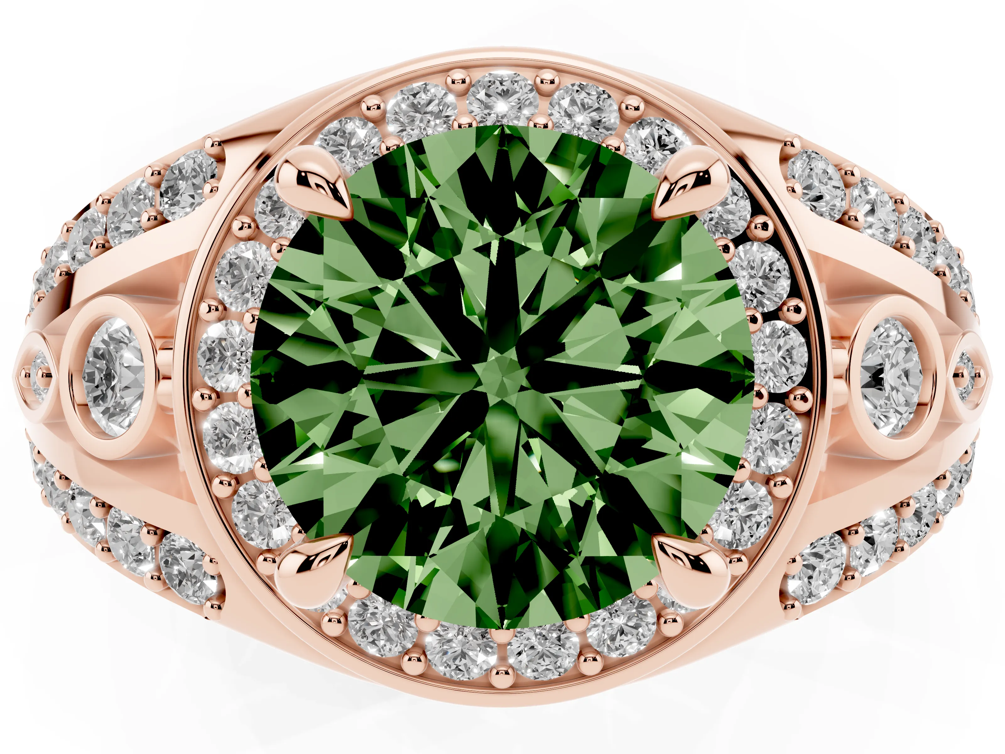 Fancy Green Round Cut Diamond Halo Ring Set in Rose gold with Pavé Split Shank and Bezel Accents