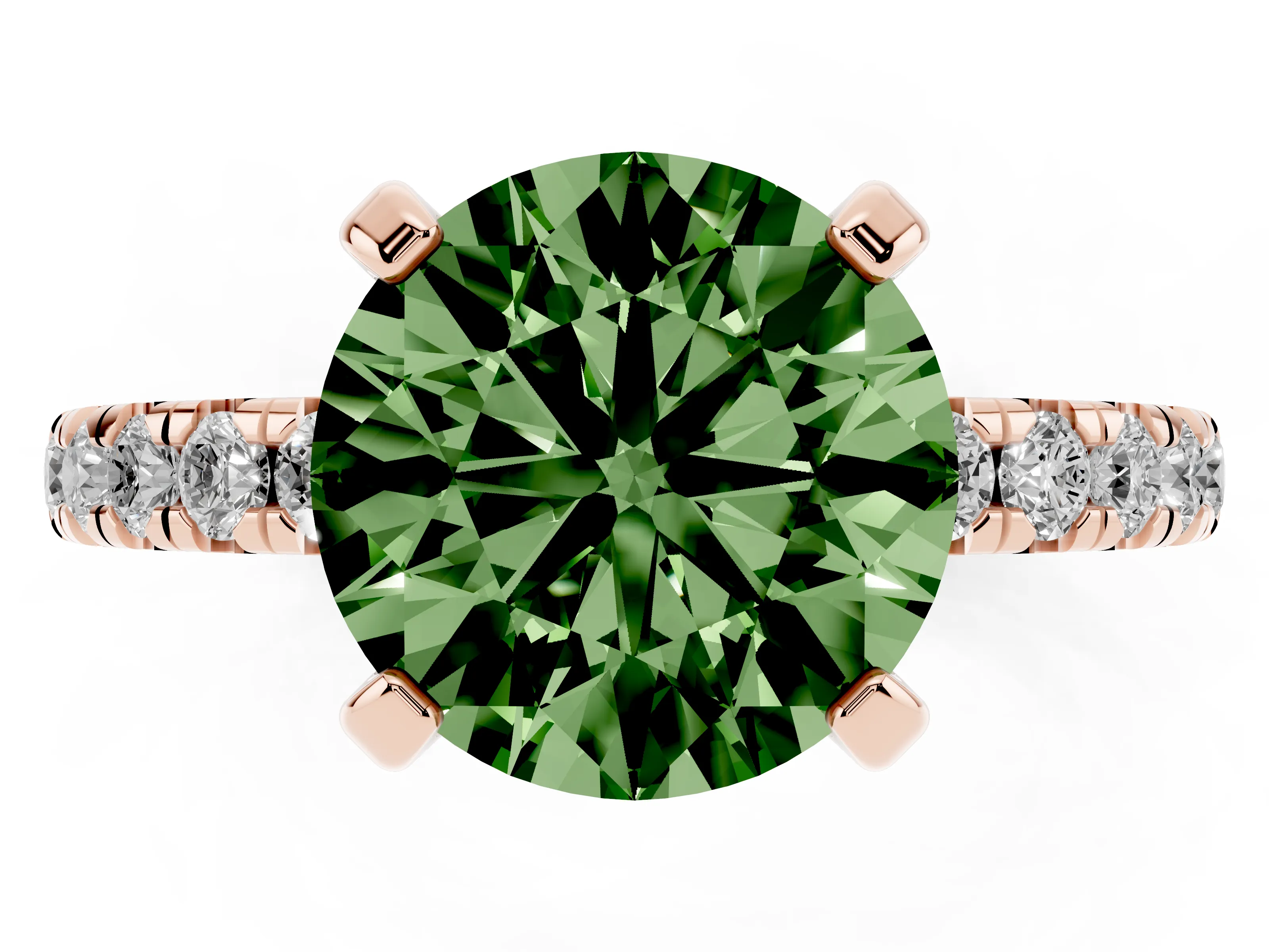 Fancy Green Round Cut Diamond Pavé Solitaire Ring Set in Rose gold with Round Band and Prong Setting
