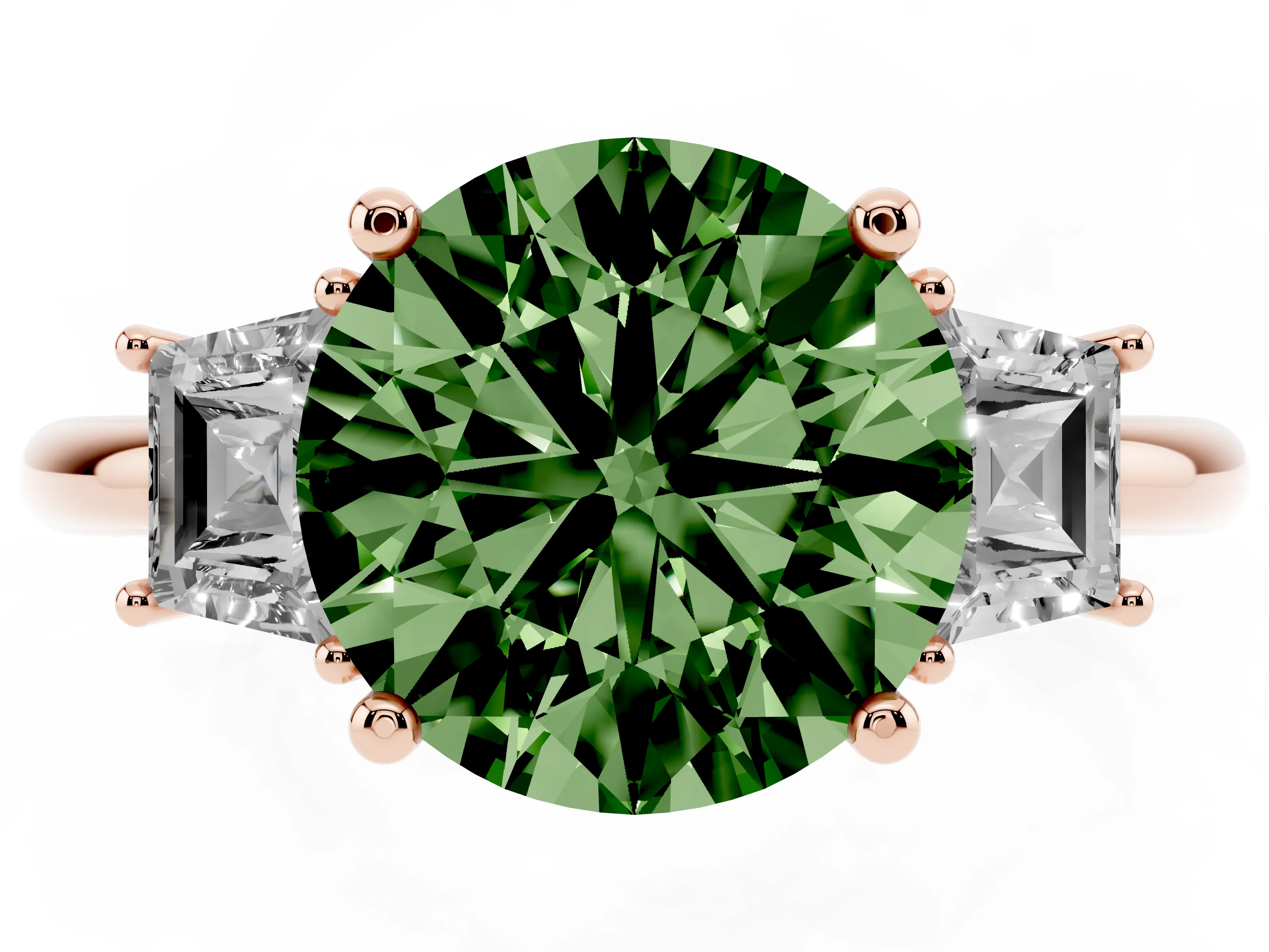 Fancy Green Round Cut Diamond Three-Stone Ring Set in Rose gold with Trapezoid Side Stones and Prong Setting