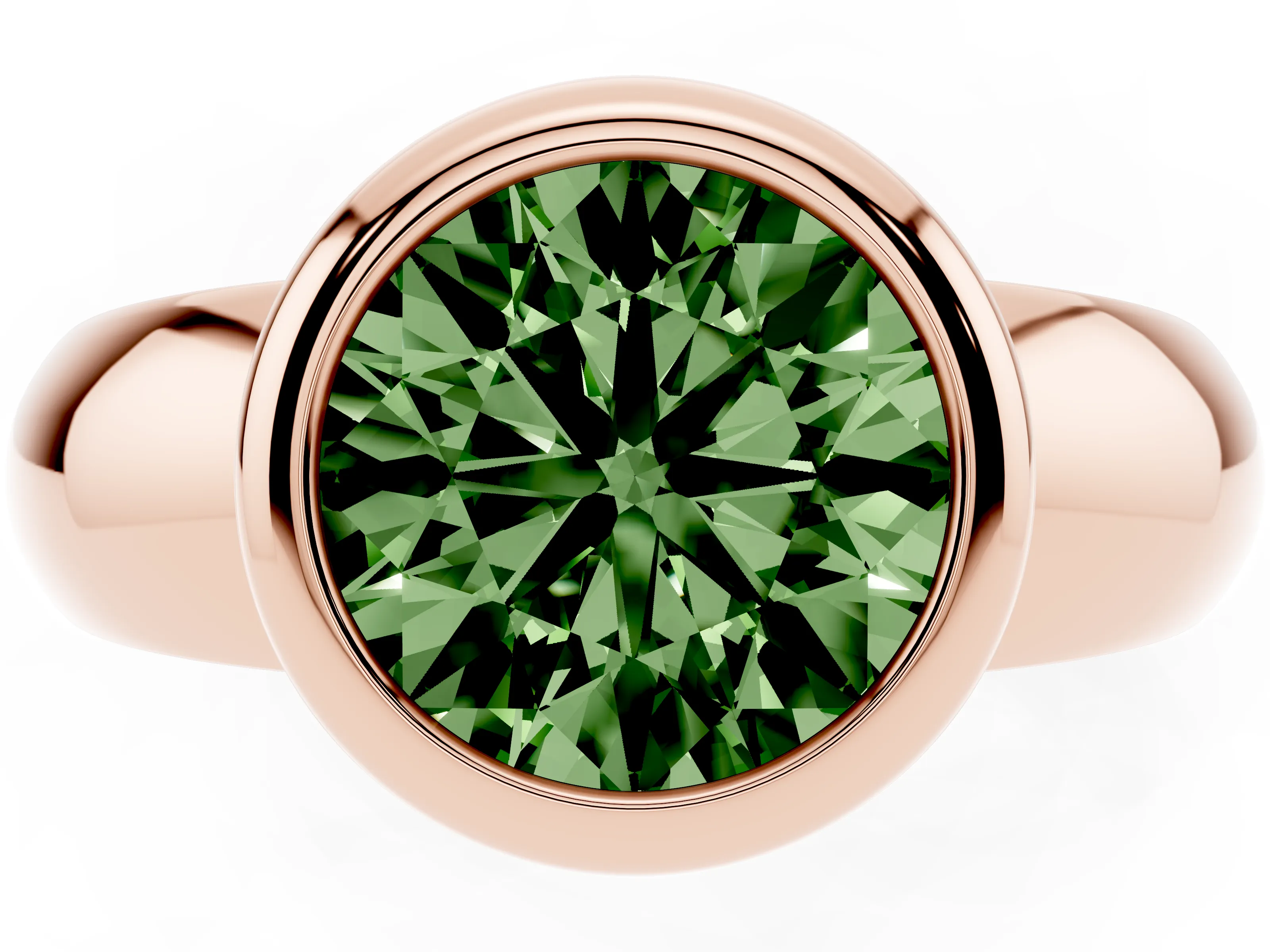 Fancy Green Bezel Set Round Cut Diamond Solitaire Ring Set in Rose gold with Wide Band
