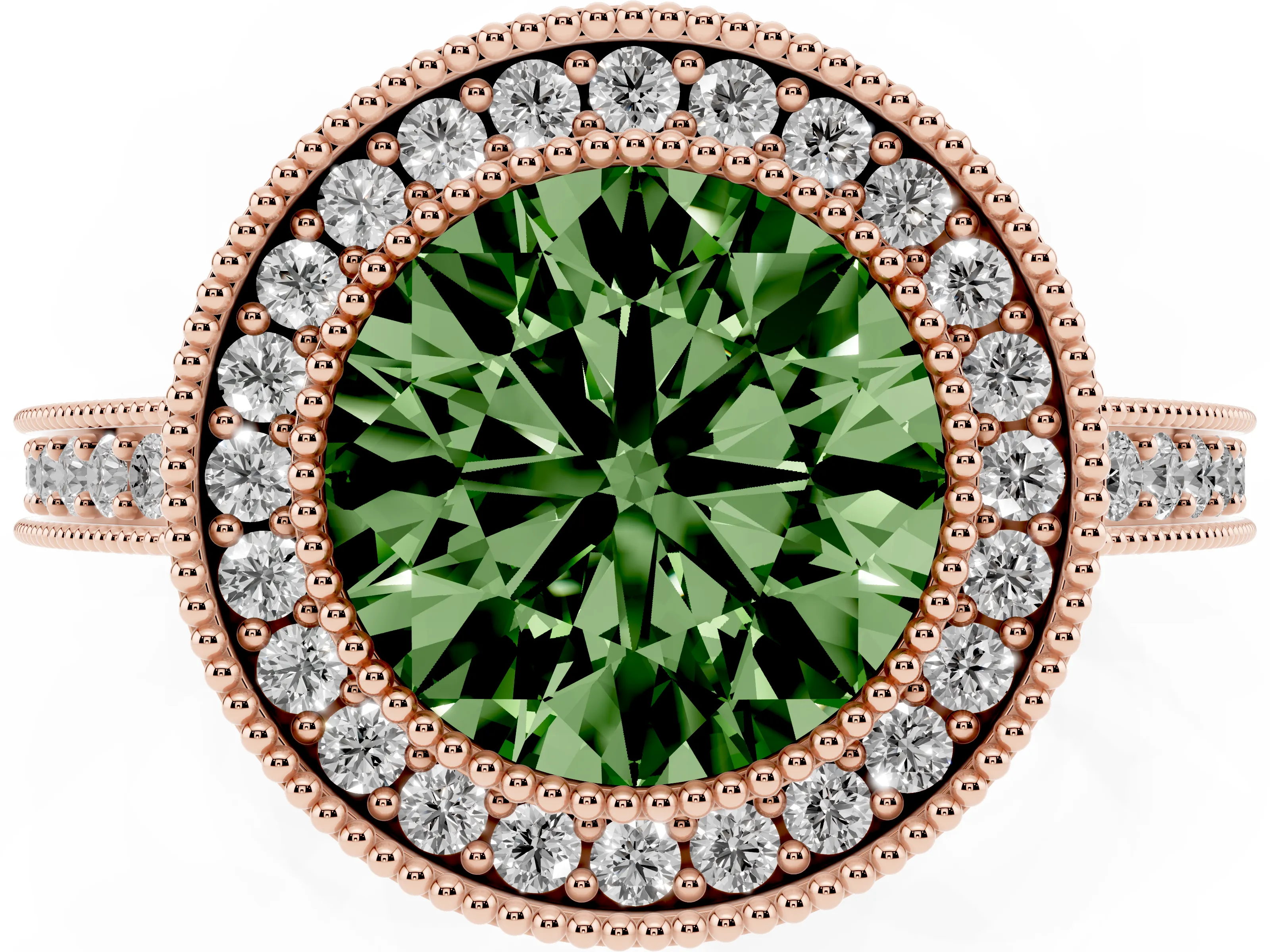 Fancy Green Round Cut Diamond Round Halo Ring Set in Rose gold with Pavé Band