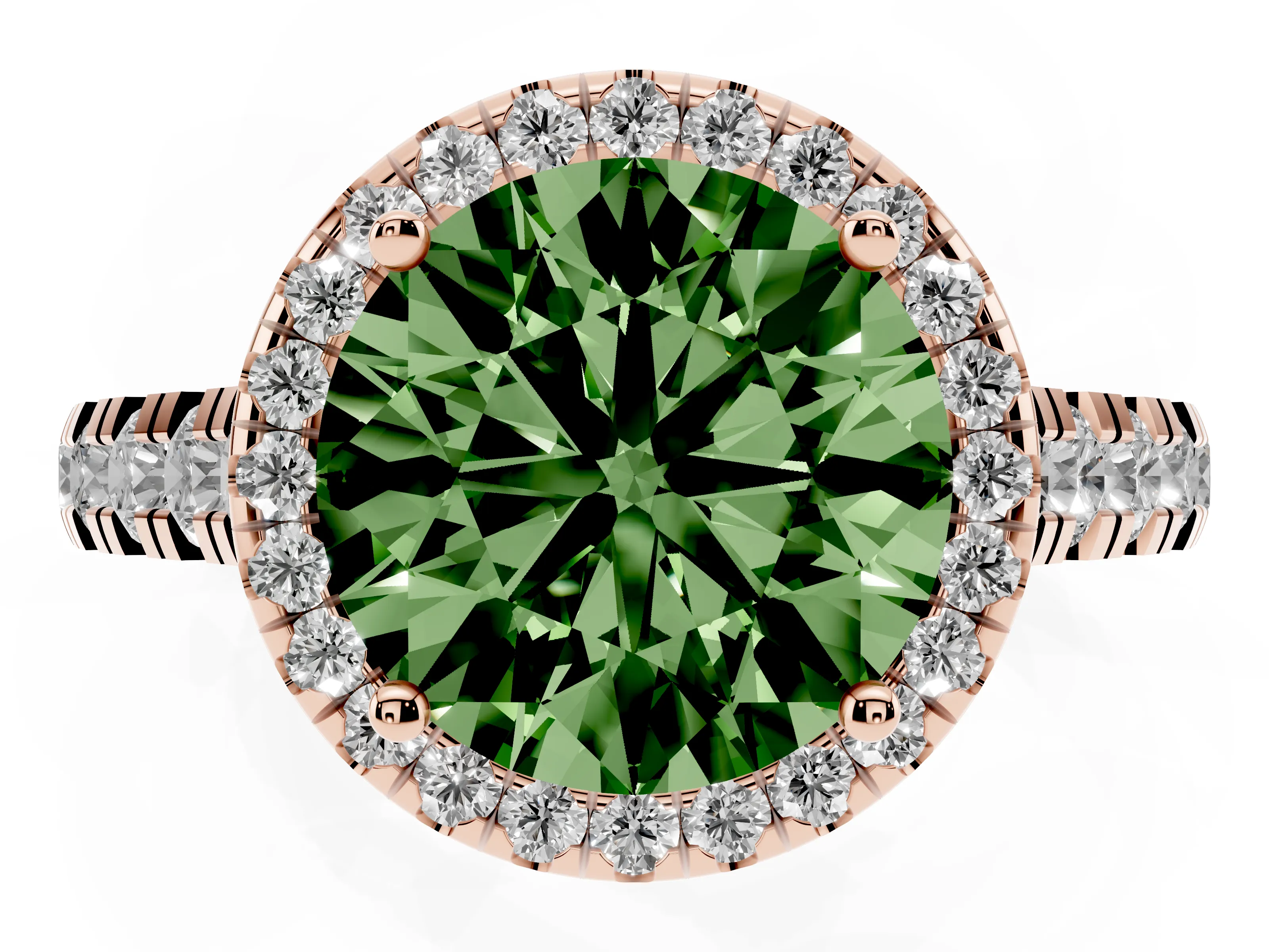 Fancy Green Round Cut Diamond Halo Engagement Ring Set in Rose gold with Pavé Band and Prong-Set Center