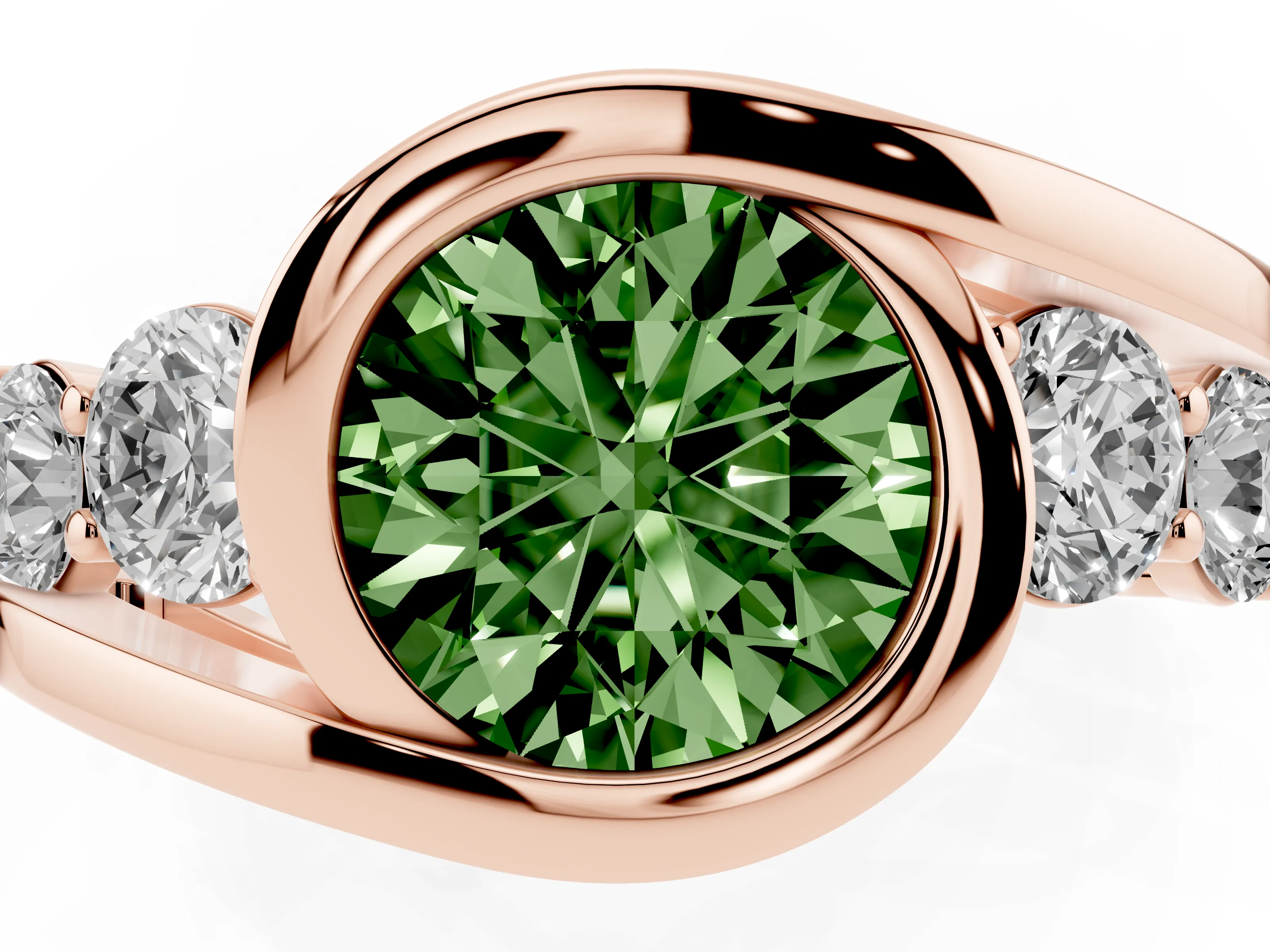 Fancy Green Round Cut Diamond Bezel Bypass Ring Set in Rose gold with Round Accents