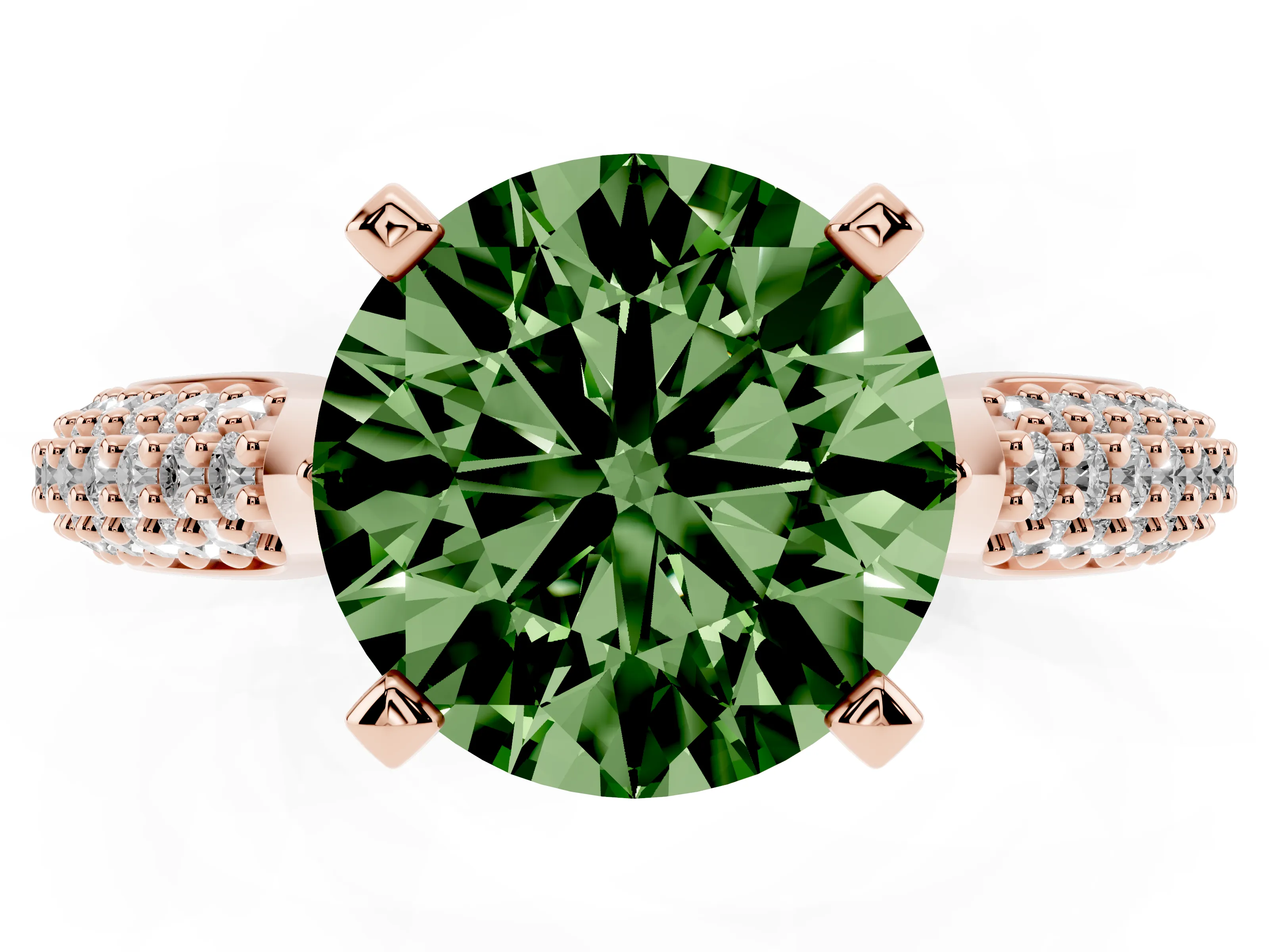 Fancy Green Round Cut Diamond Solitaire Engagement Ring Set in Rose gold with Multi-Row Round Pavé Band and Prong Setting