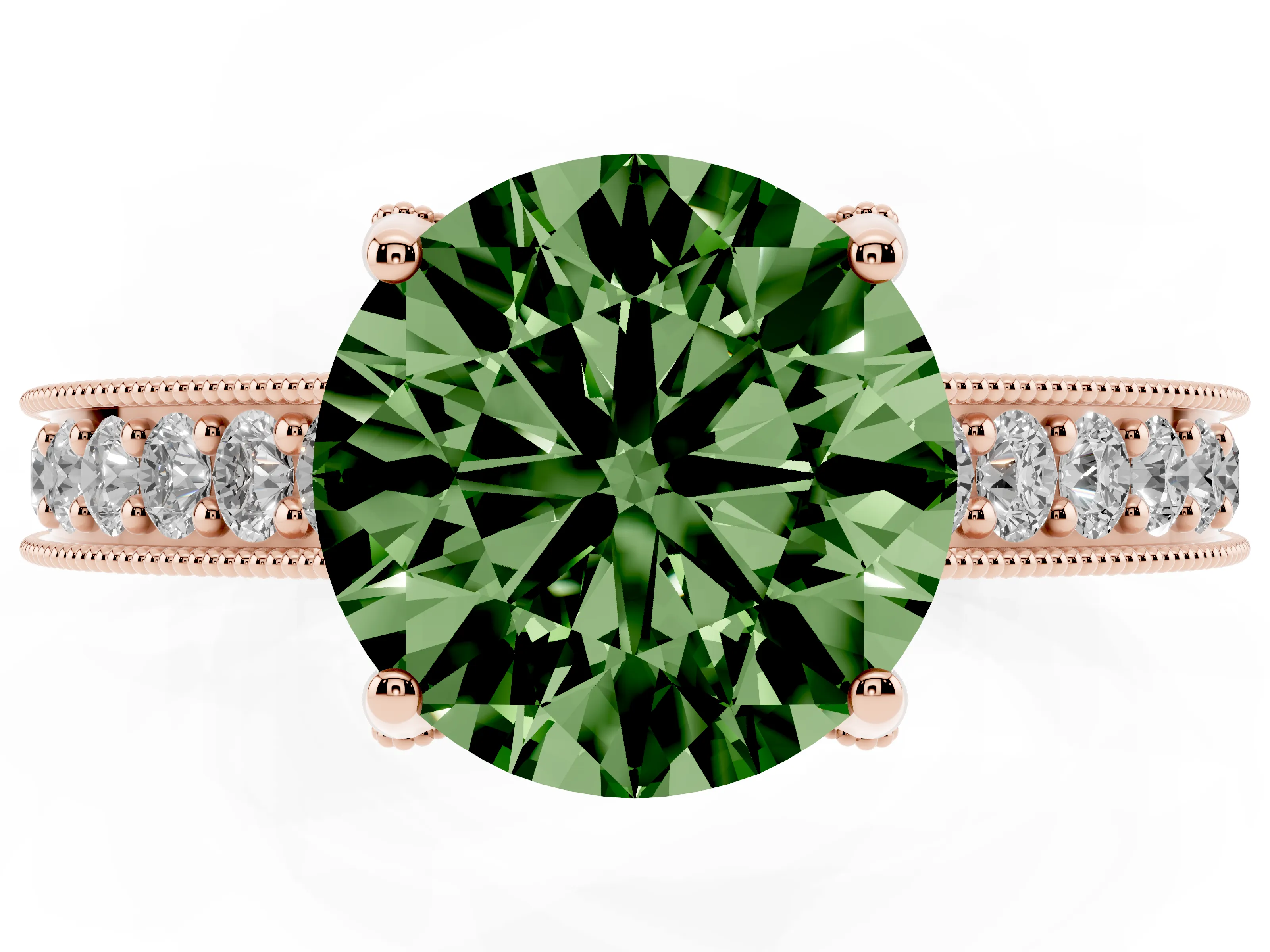 Fancy Green Round Cut Diamond Solitaire Ring Set in Rose gold with Milgrain-Edged Pavé Band and Prong Setting