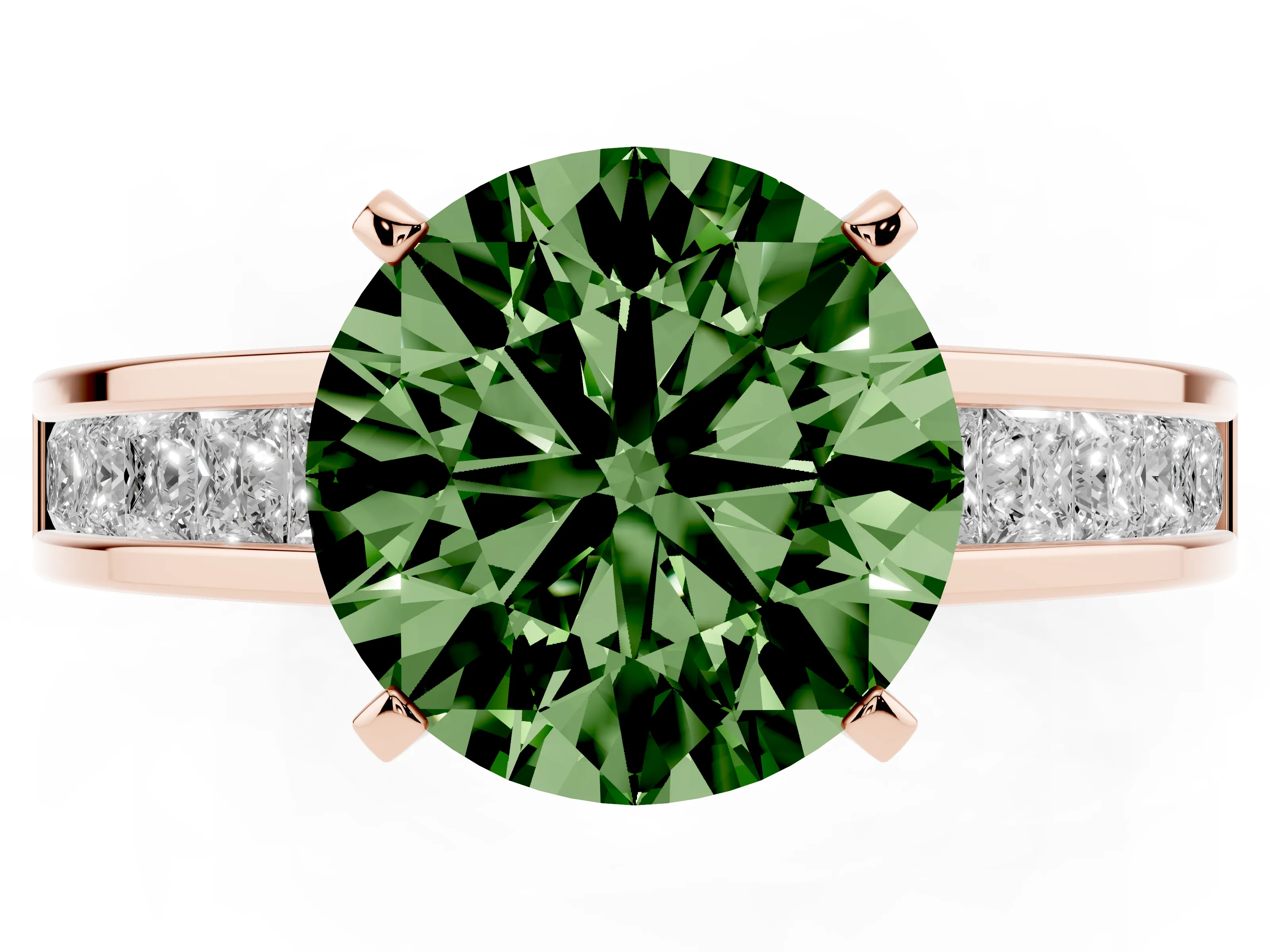Fancy Green Round Cut Diamond Solitaire Ring Set in Rose gold with Channel-Set Band and Prong Setting