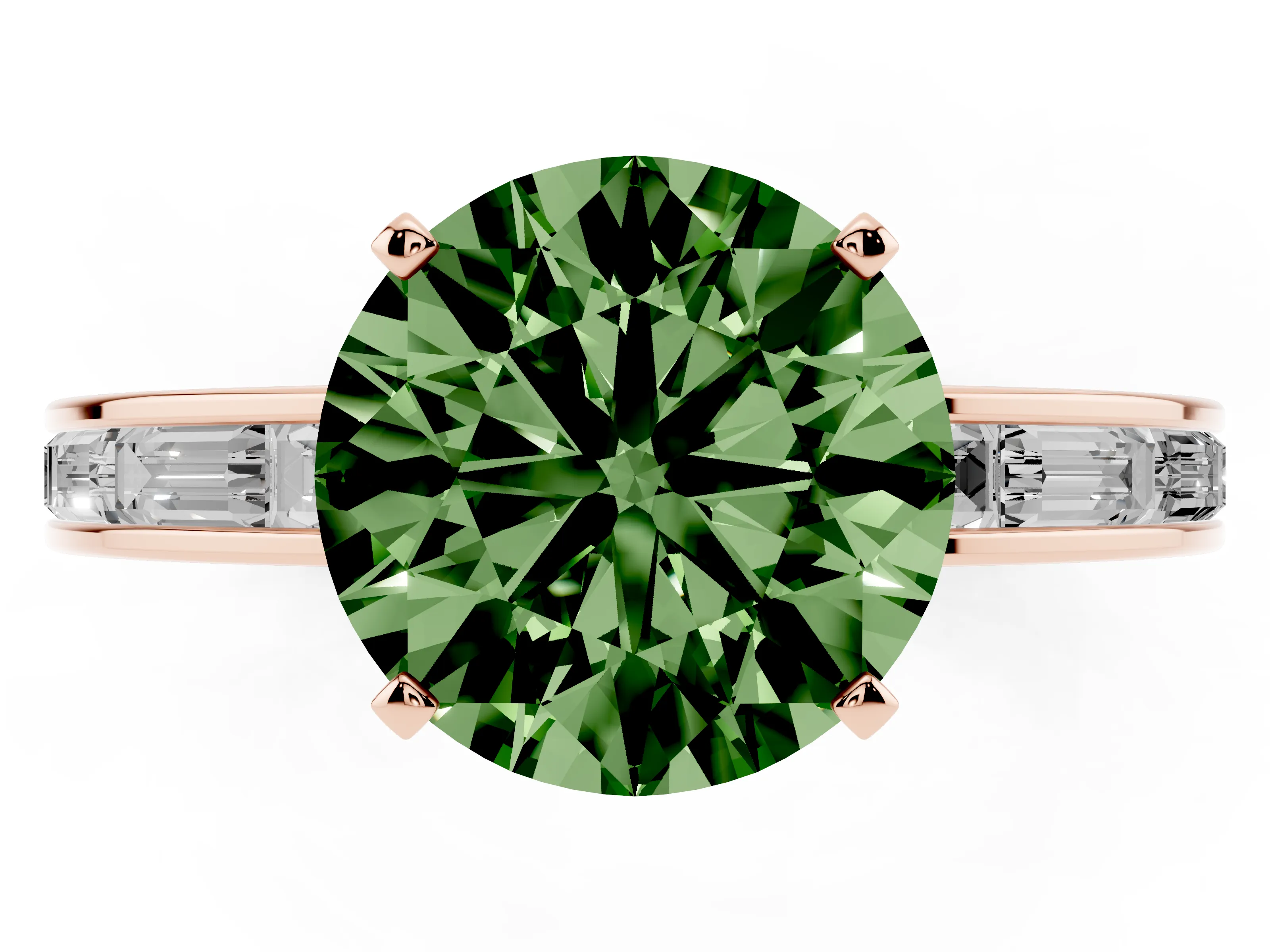 Fancy Green Round Cut Diamond Solitaire Ring Set in Rose gold with Channel-Set Baguette Band and Prong Setting