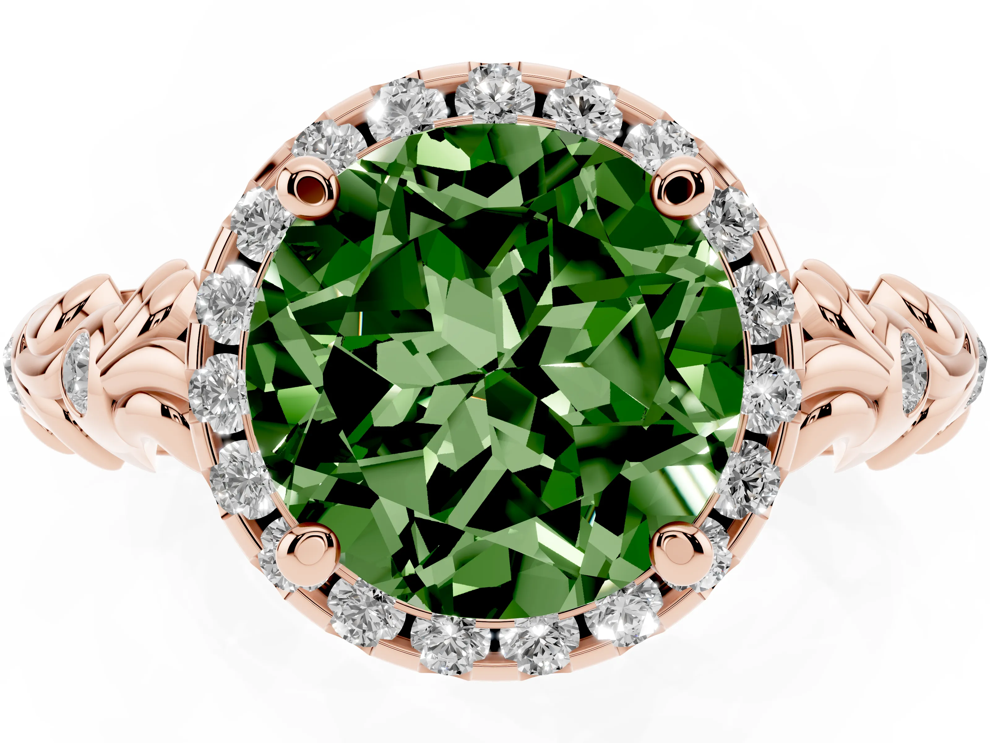 Fancy Green Round Cut Diamond Halo Ring Set in Rose gold with Filigree Leaf Band and Prong Setting