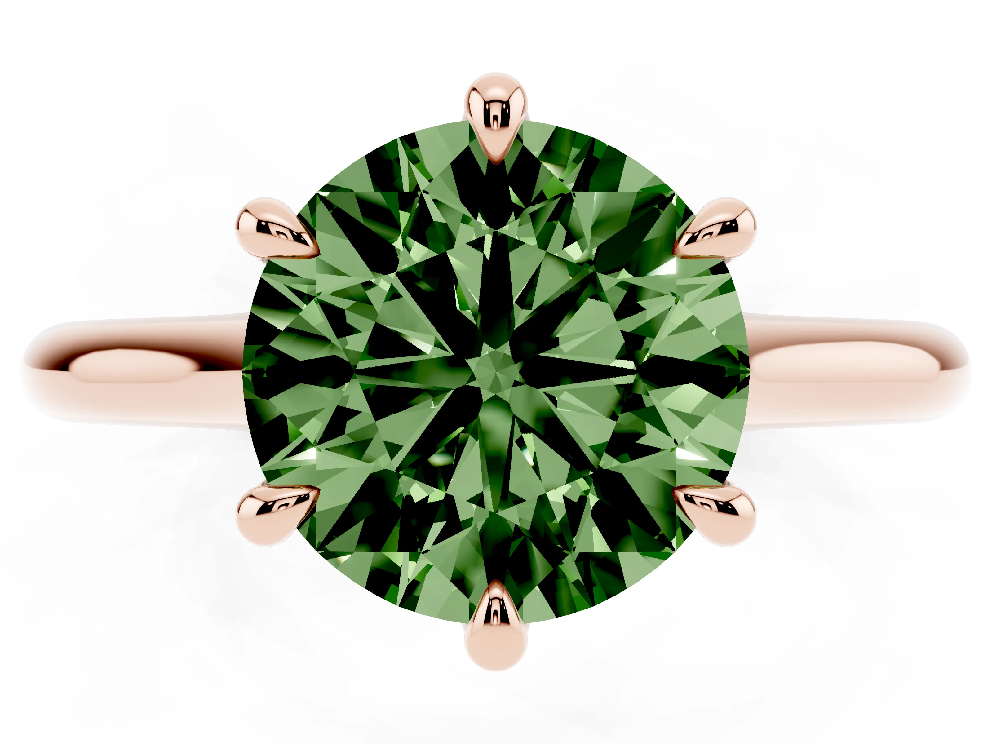 Fancy Green Round Cut Diamond Solitaire Engagement Ring Set in Rose gold with Prong Setting and Plain Classic Band