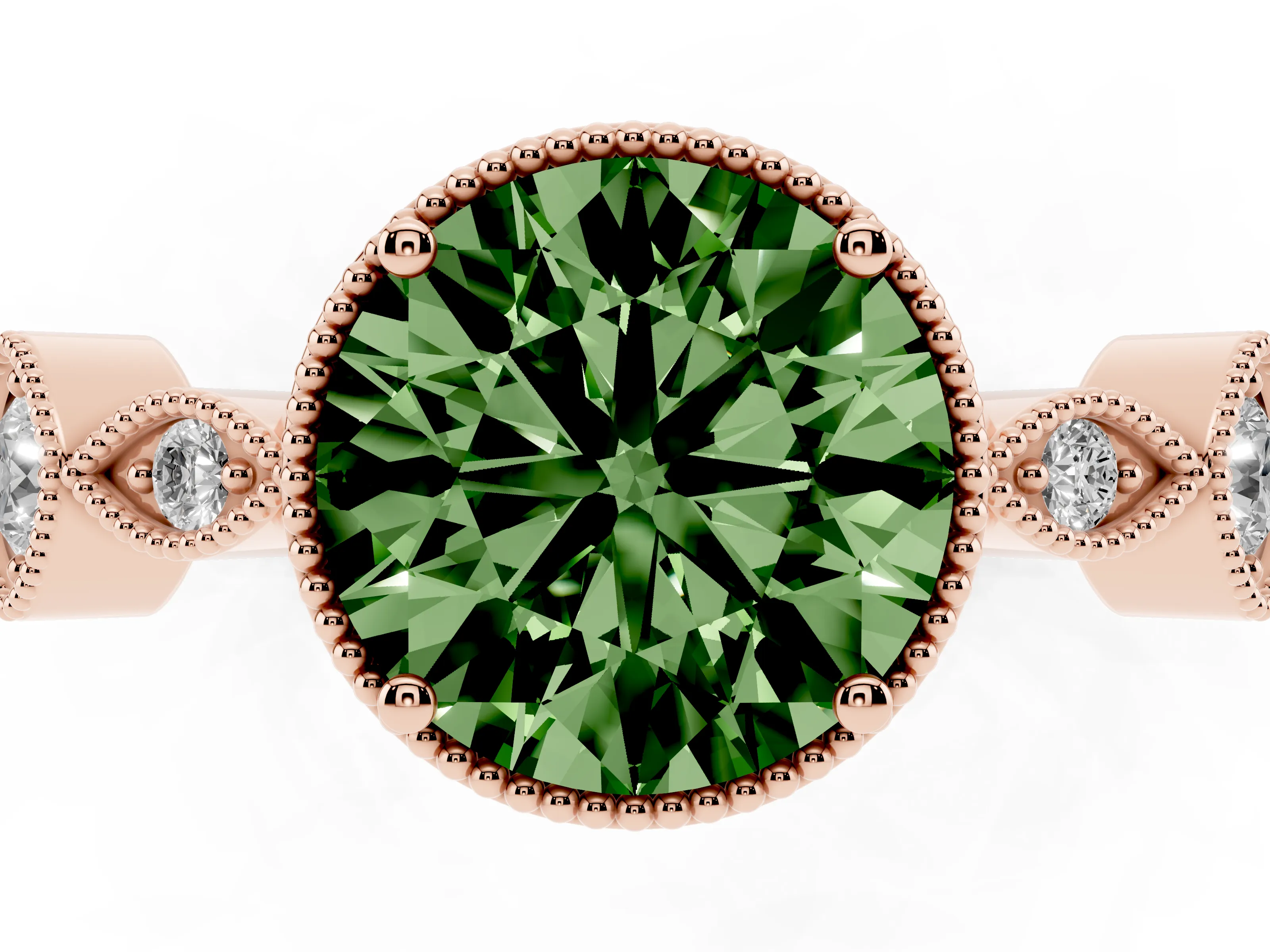 Fancy Green Round Cut Diamond Vintage-Inspired Milgrain Ring Set in Rose gold with Marquise Stations of Round Accents