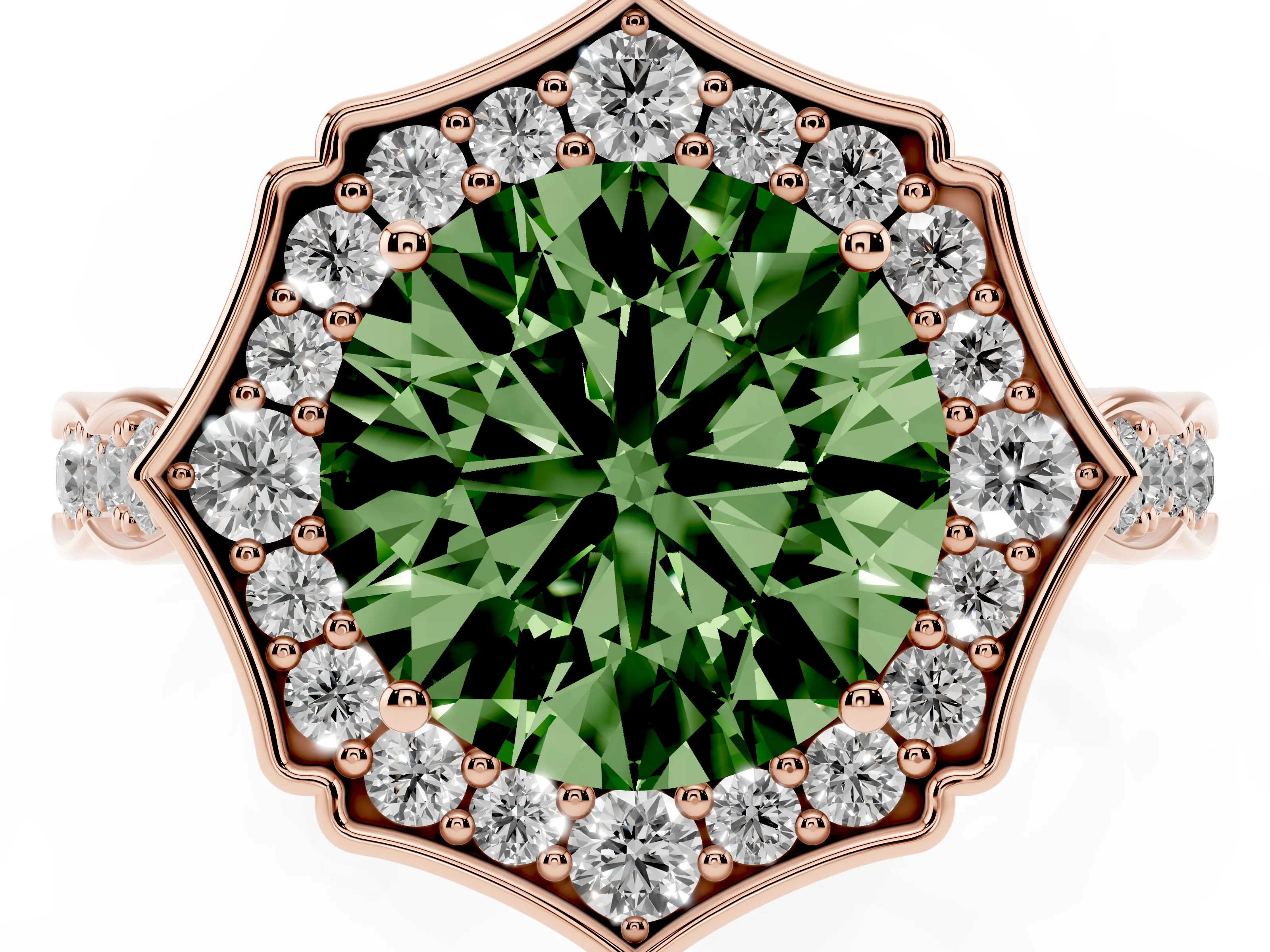 Fancy Green Round Cut Diamond Halo Engagement Ring Set in Rose gold with Milgrain Band and Prong Setting