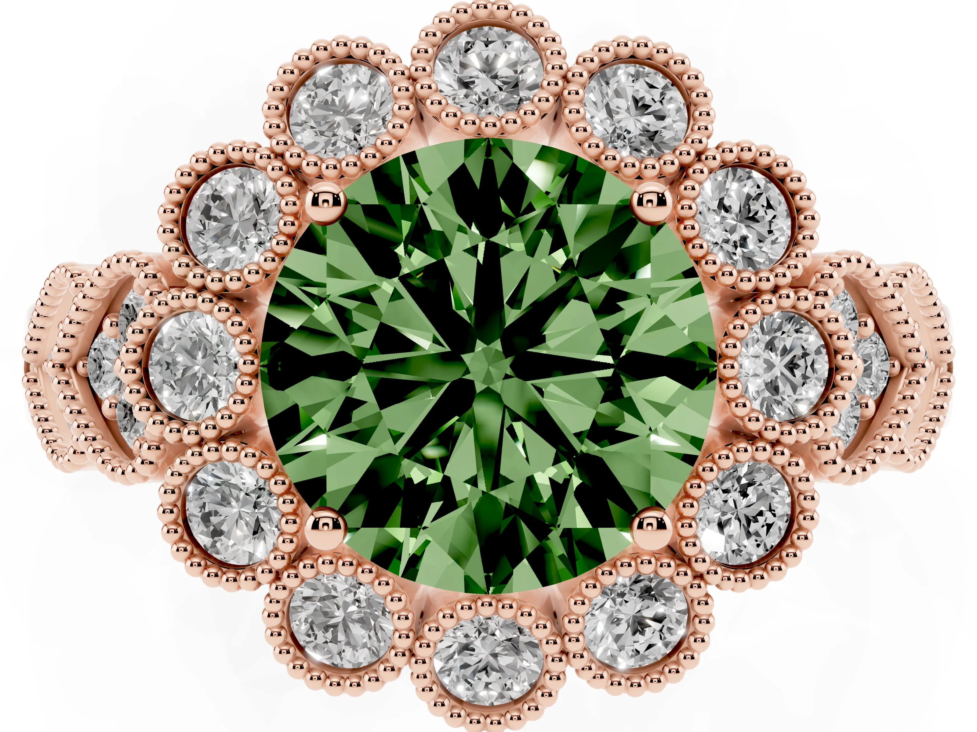 Fancy Green Round Cut Diamond Solitaire Ring Set in Rose gold with Milgrain Pavé Heart Band