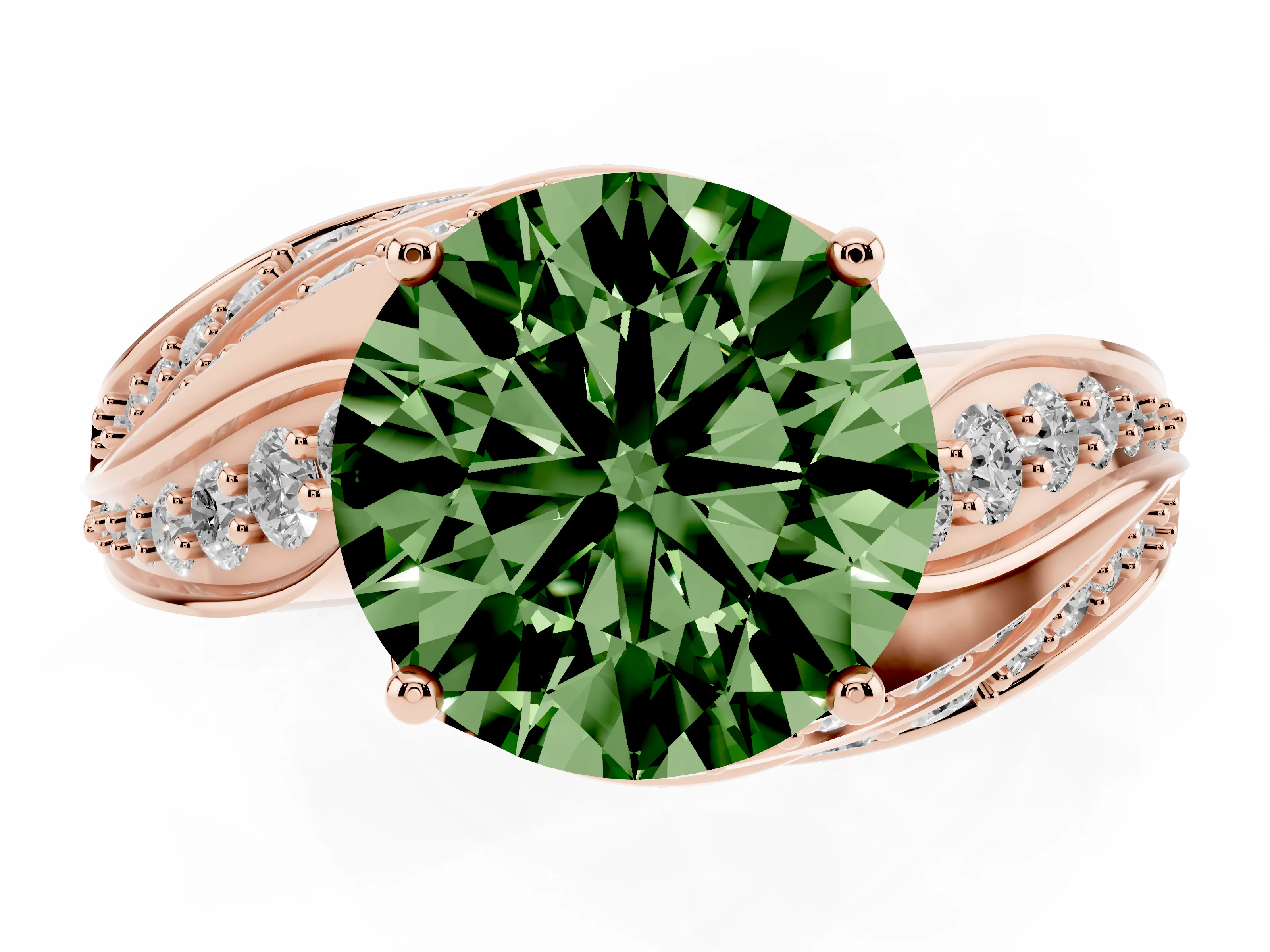 Fancy Green Round Cut Diamond Solitaire Ring Set in Rose gold with Layered Twist Pavé Band
