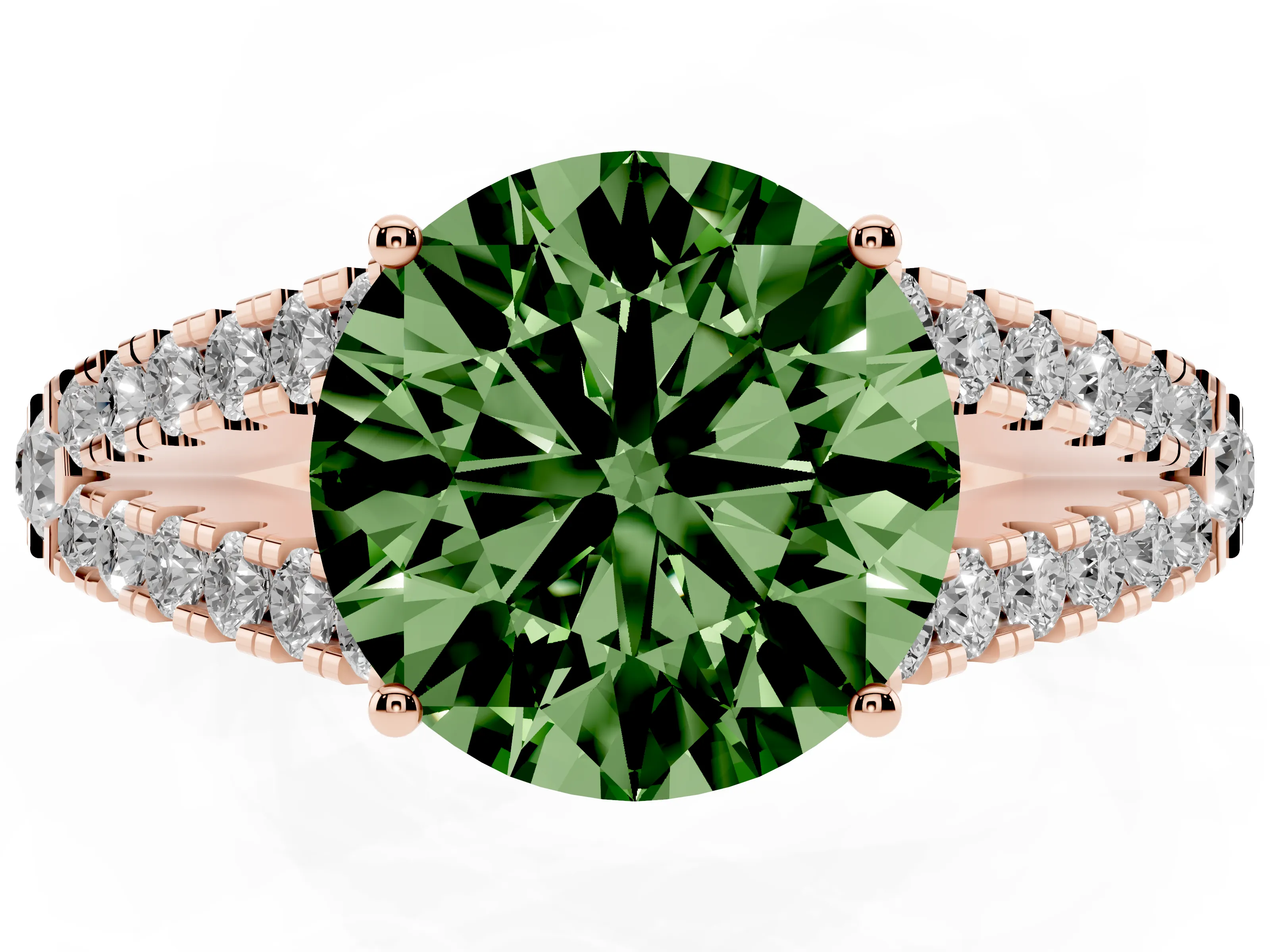 Fancy Green Round Cut Diamond Split Shank Pavé Engagement Ring Set in Rose gold with Prong-Held Center Stone