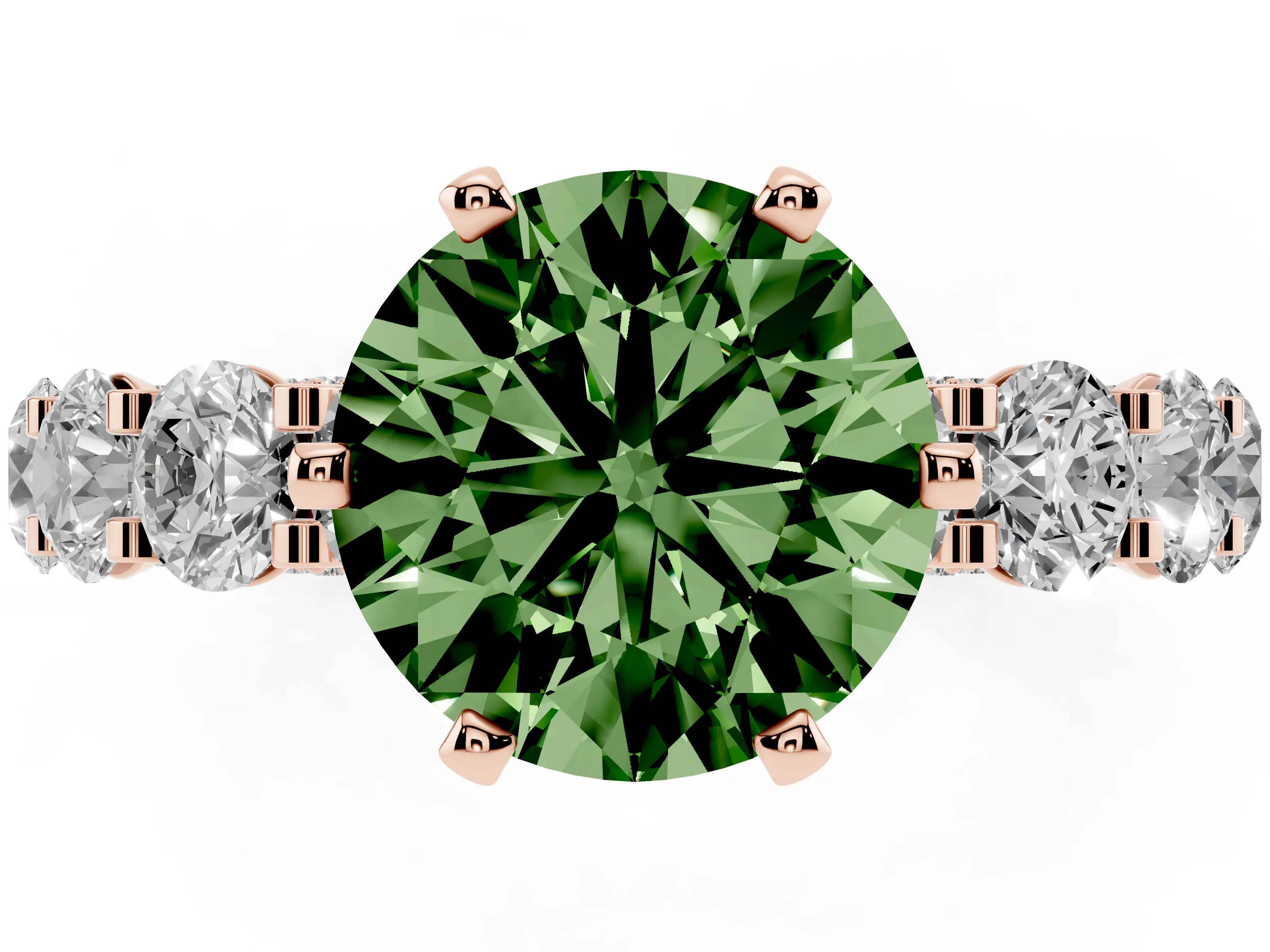 Fancy Green Round Cut Diamond Side Stone Ring Set in Rose gold with Alternating Round and Oval Side Stones