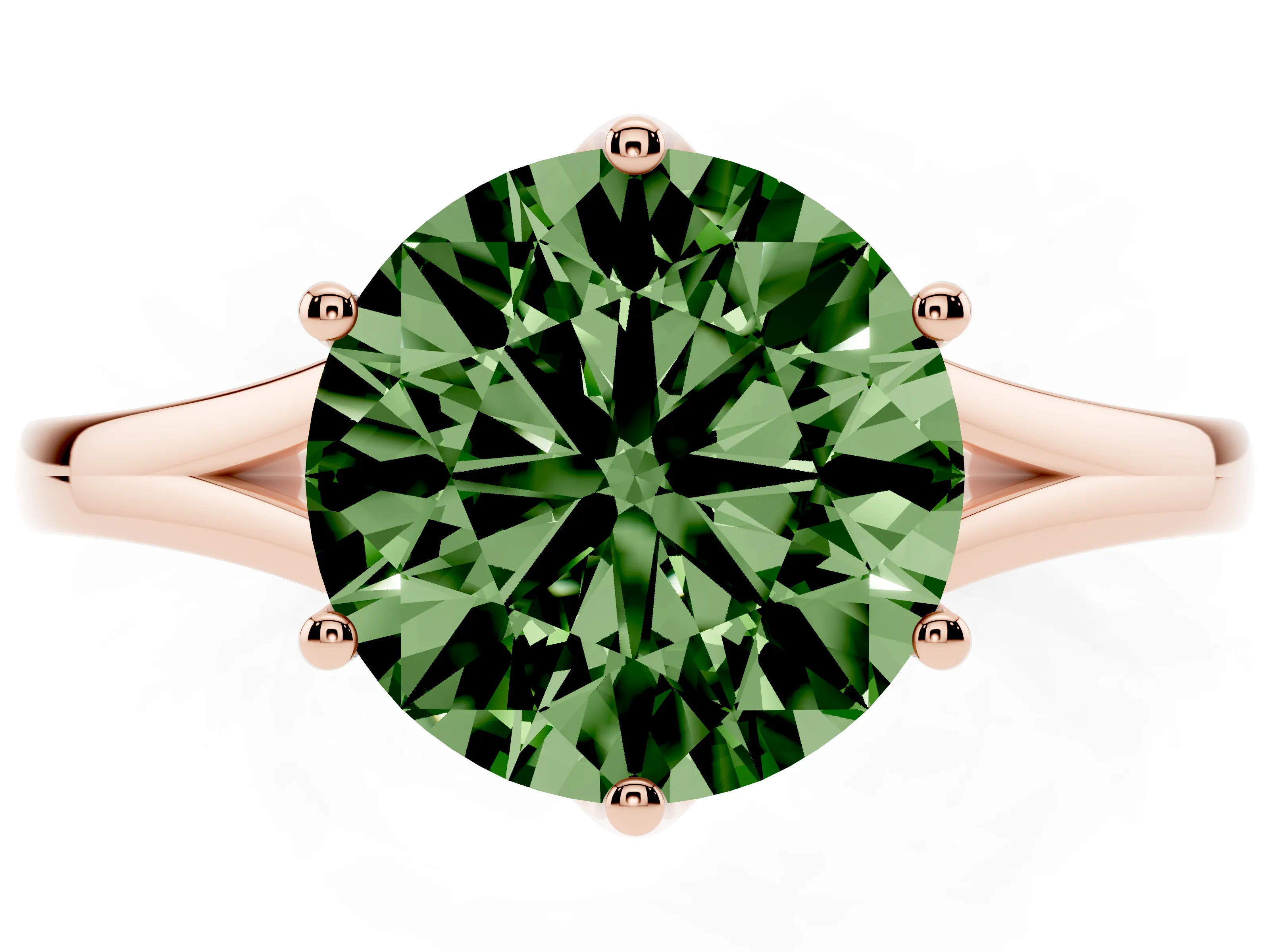 Fancy Green Round Cut Diamond Solitaire Ring Set in Rose gold with Polished Tapered Band and Prong Setting