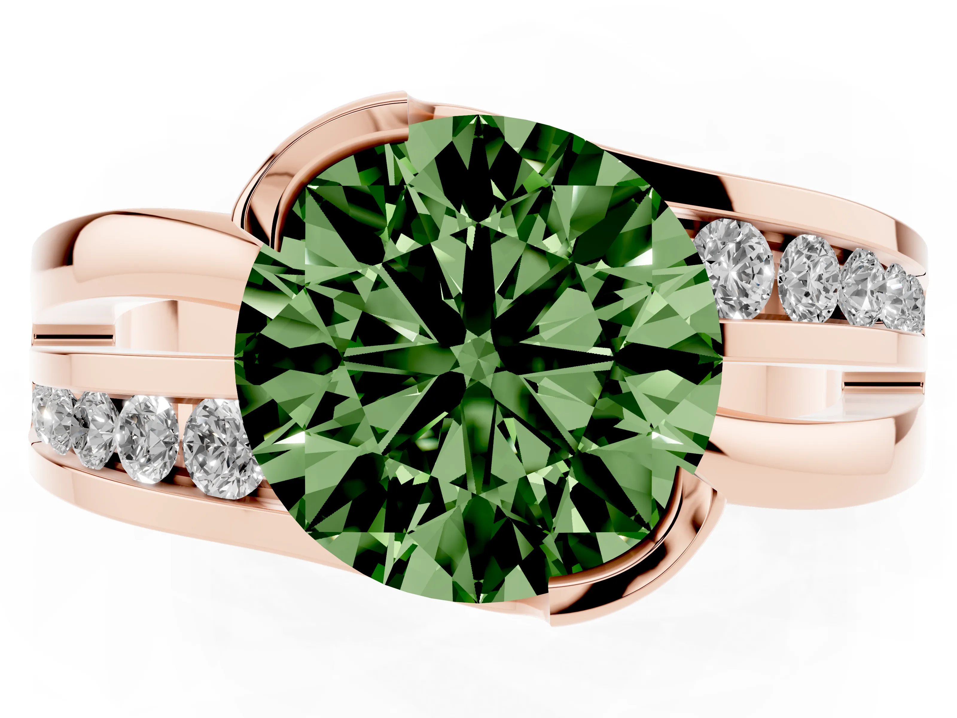 Fancy Green Round Cut Diamond Solitaire Ring Set in Rose gold with Channel Set Split Shank and Tension Prongs