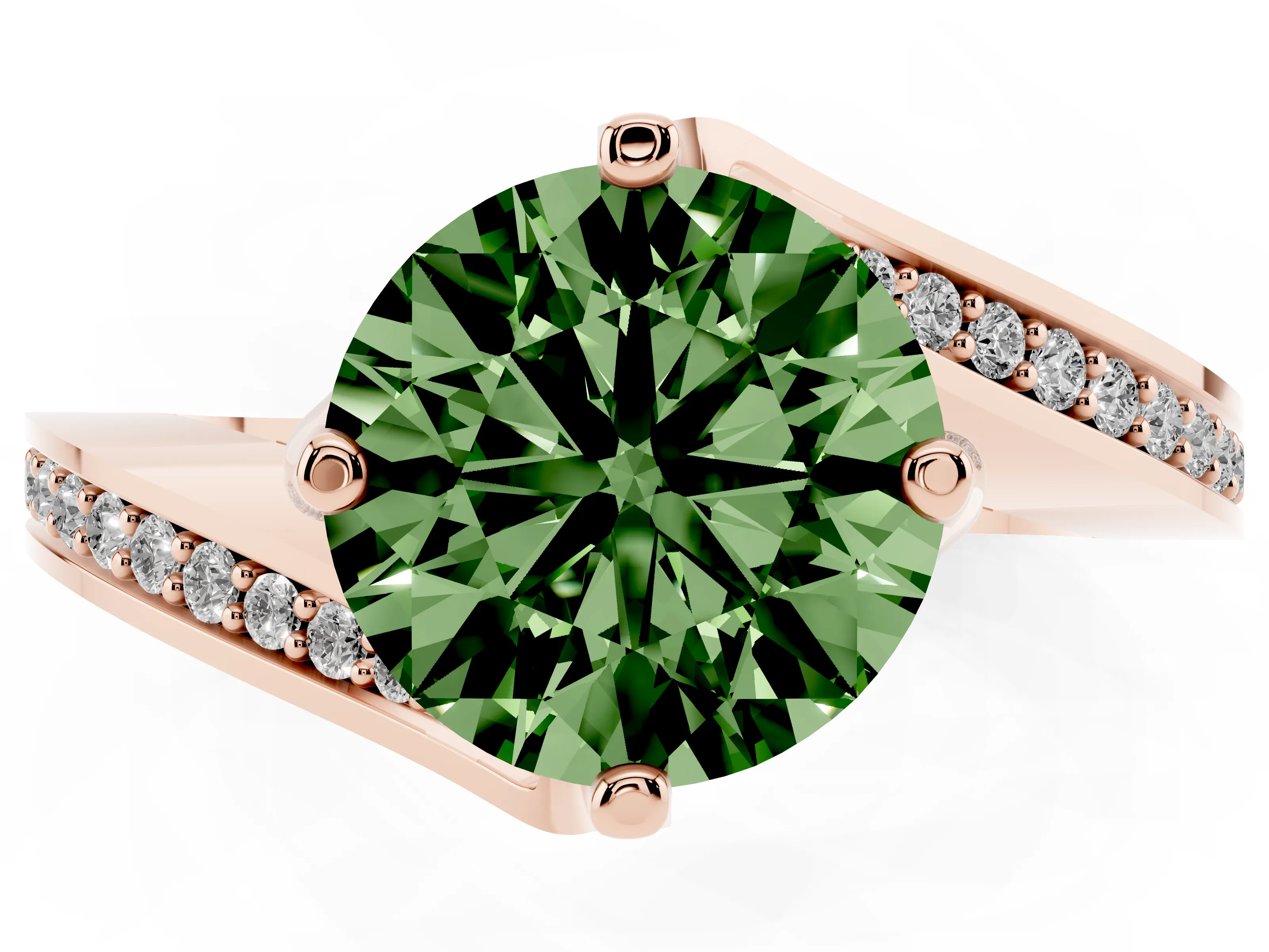 Fancy Green Round Cut Diamond Solitaire Ring Set in Rose gold with Intertwined Pavé Twist Band