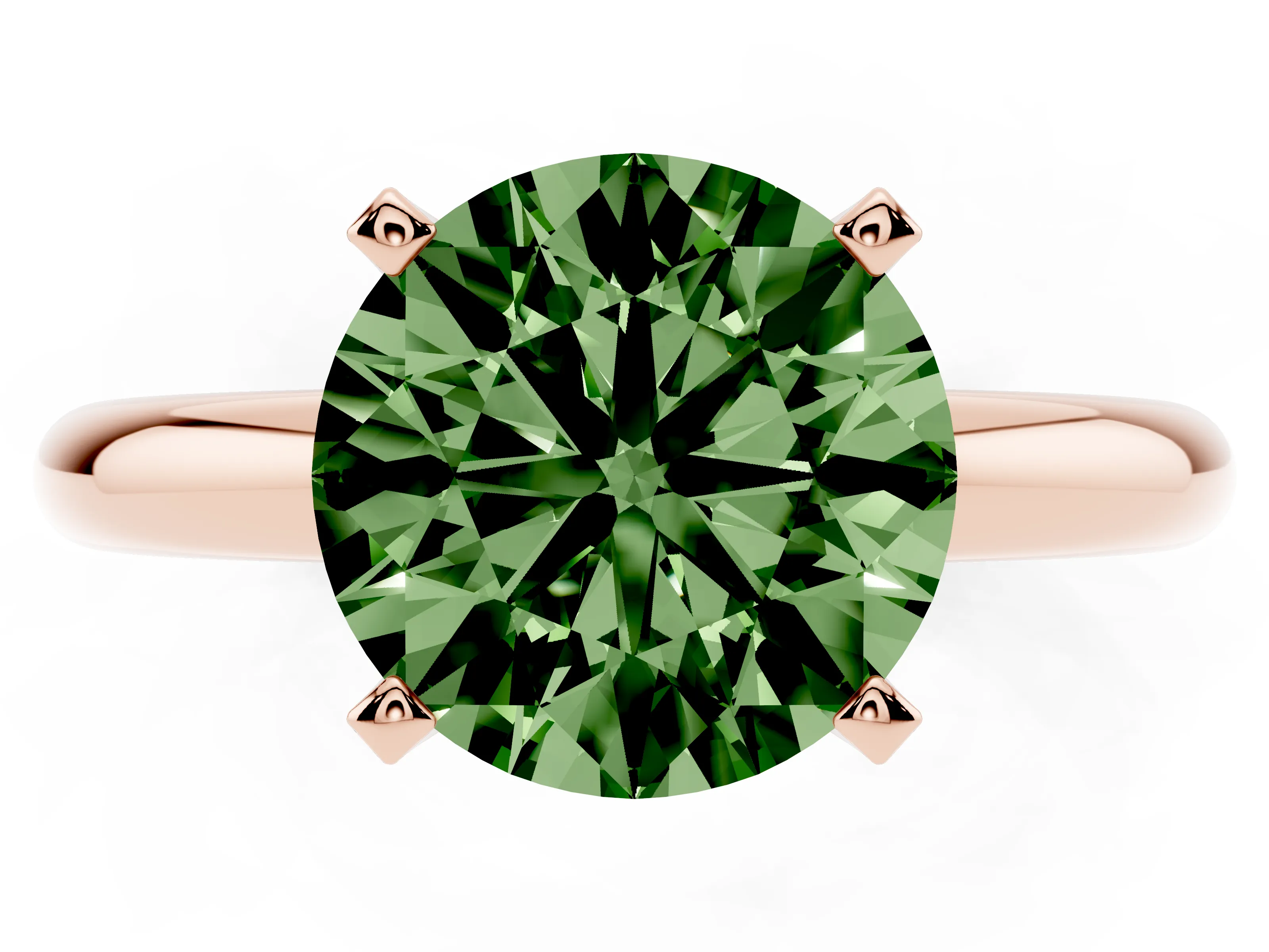 Fancy Green Round Cut Diamond Solitaire Engagement Ring Set in Rose gold with Round Band and Prong Setting
