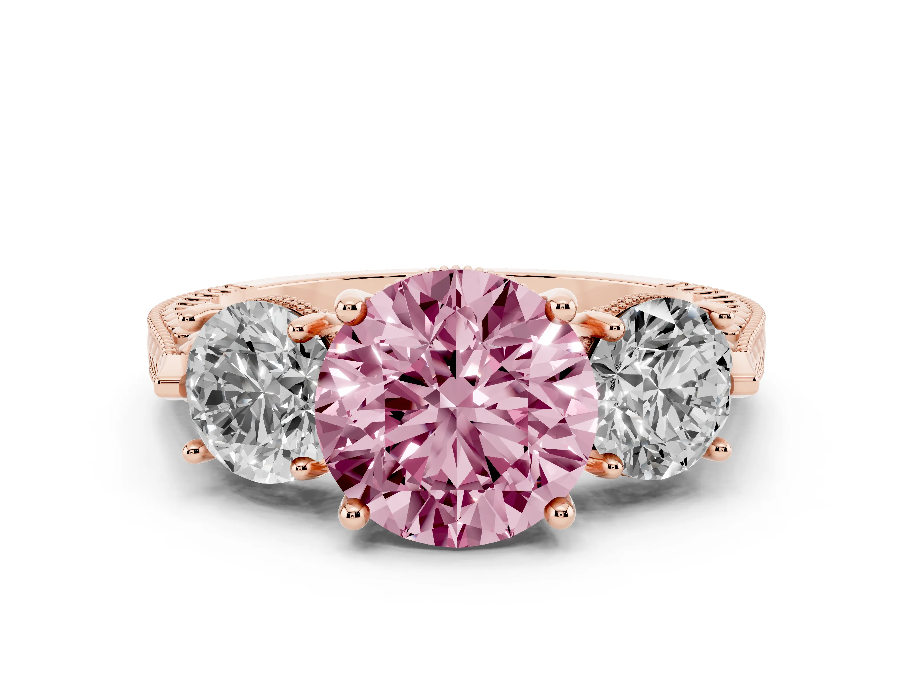 Fancy Pink Round Cut Diamond Three-Stone Ring Set in Rose gold with Milgrain Band