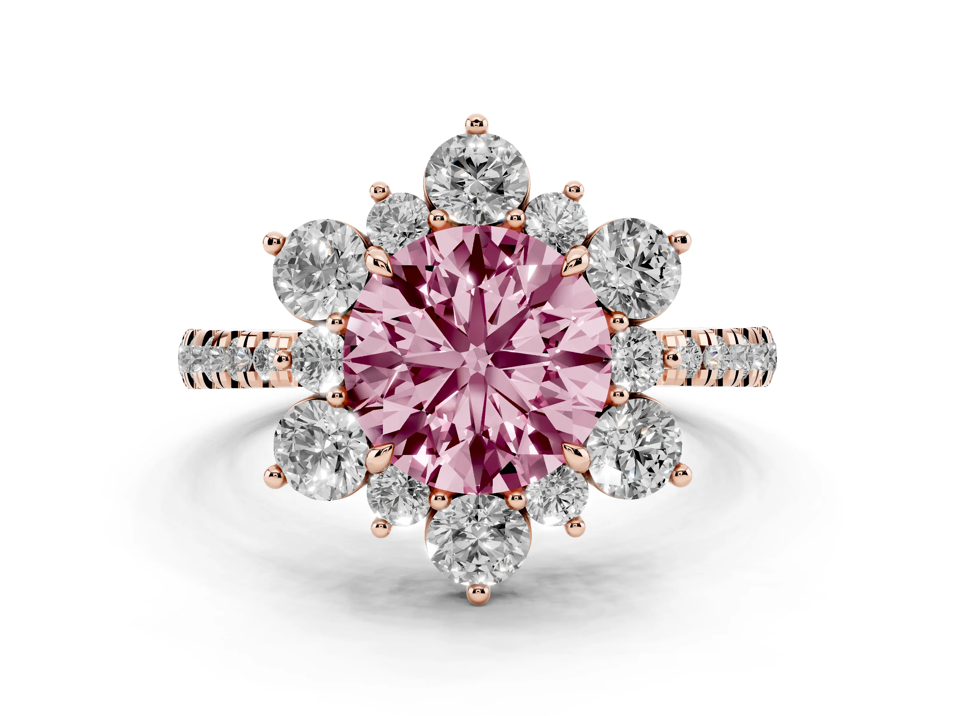 Fancy Pink Round Cut Diamond Floral Halo Ring Set in Rose gold with Round Pavé Band and Prong Setting