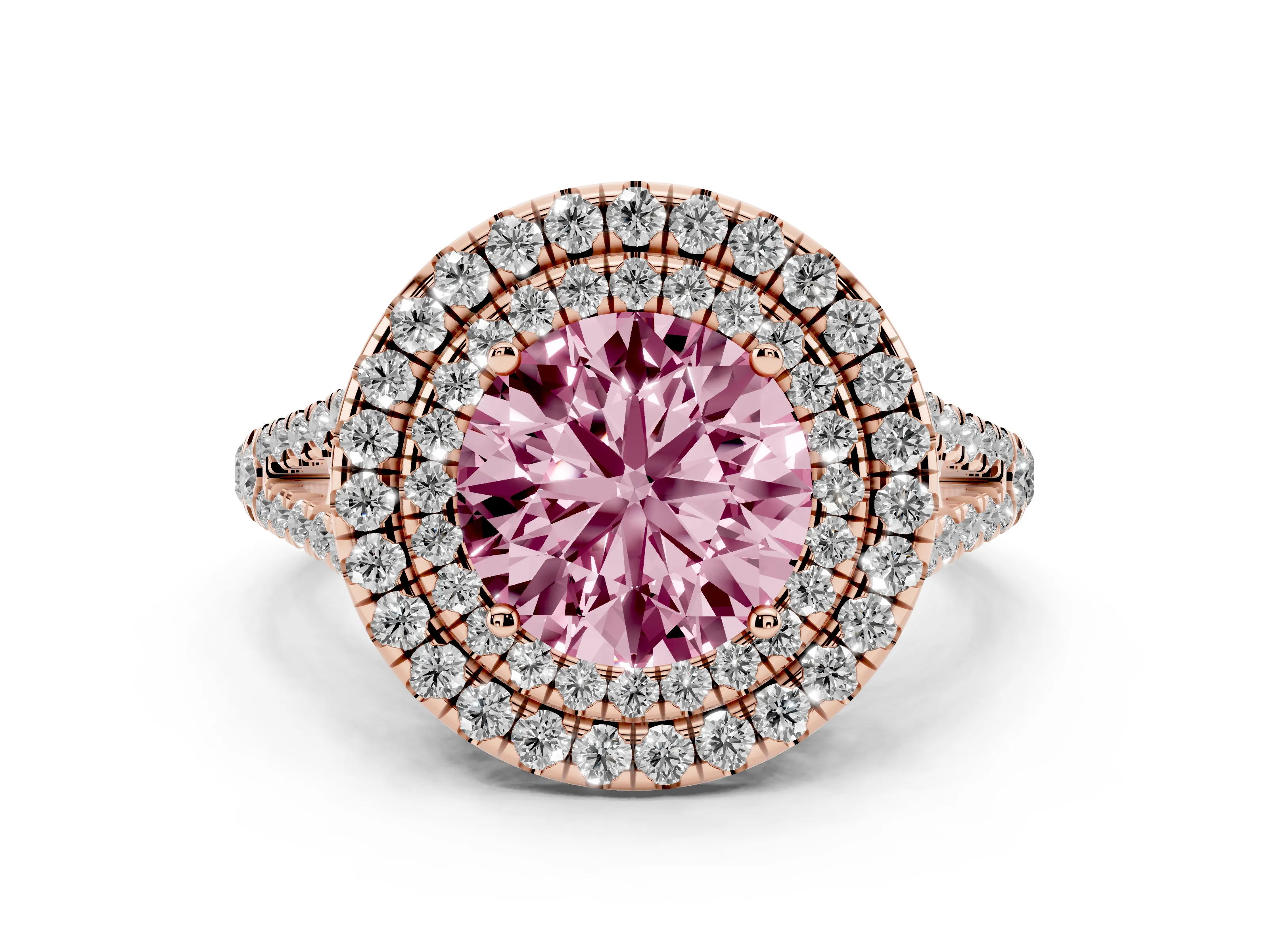 Fancy Pink Round Cut Diamond Double Halo Ring Set in Rose gold with Pavé Band