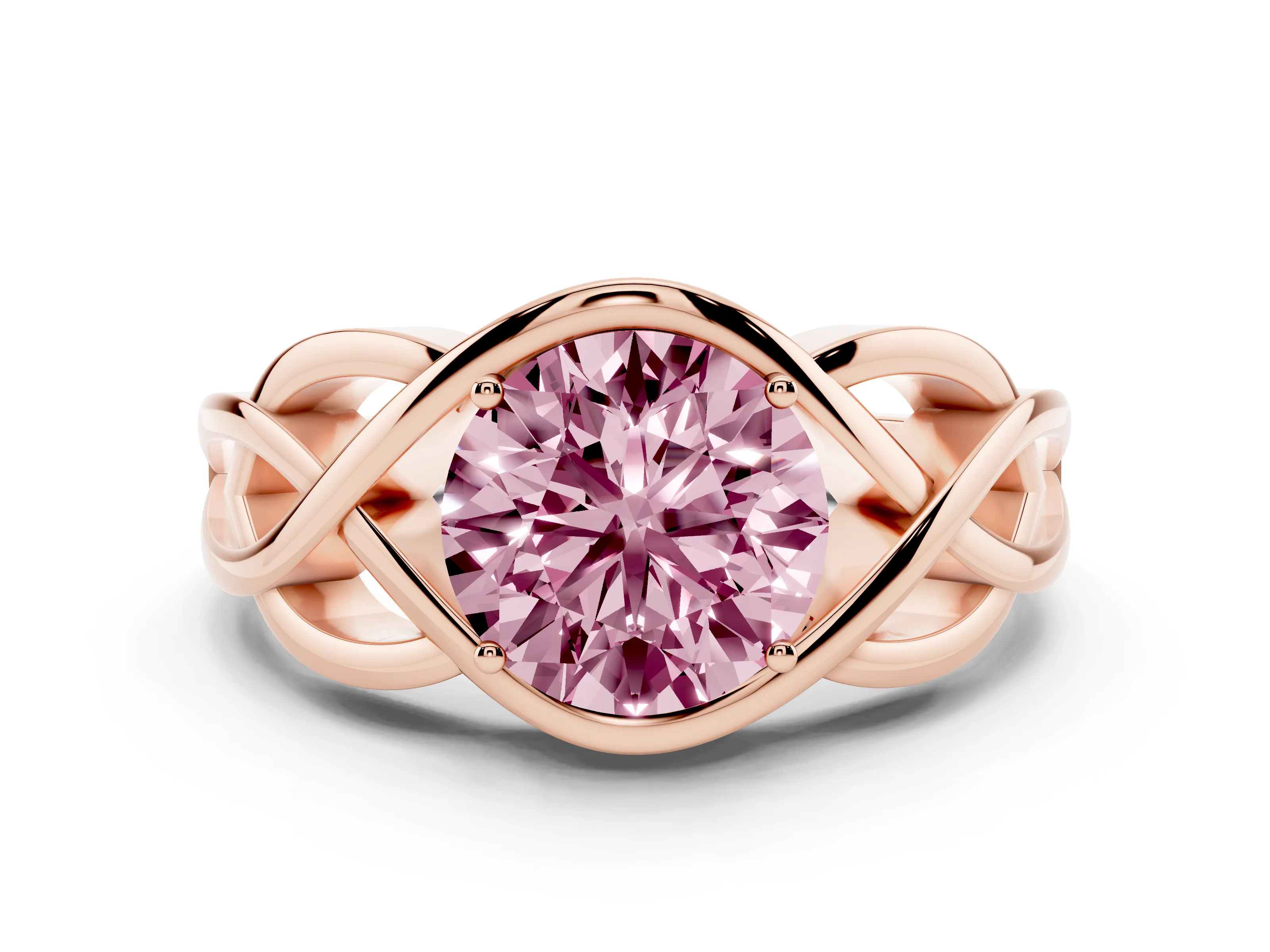 Fancy Pink Round Cut Diamond Solitaire Ring Set in Rose gold with Intertwined Band
