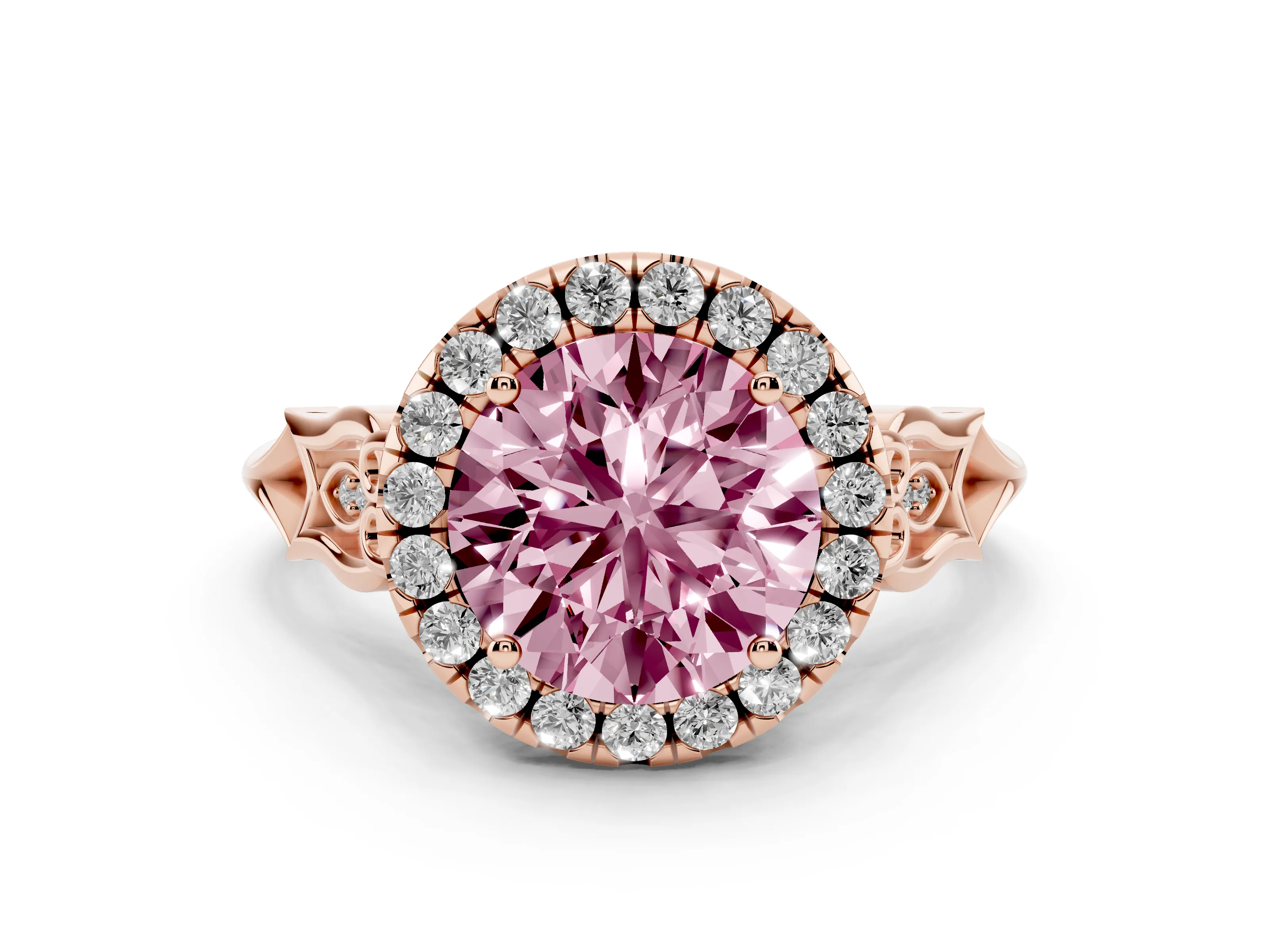 Round Vintage Halo Engagement Ring Setting for a Fancy Pink Lab-Grown Diamond | Pierced Filigree Shoulders | Rose Gold