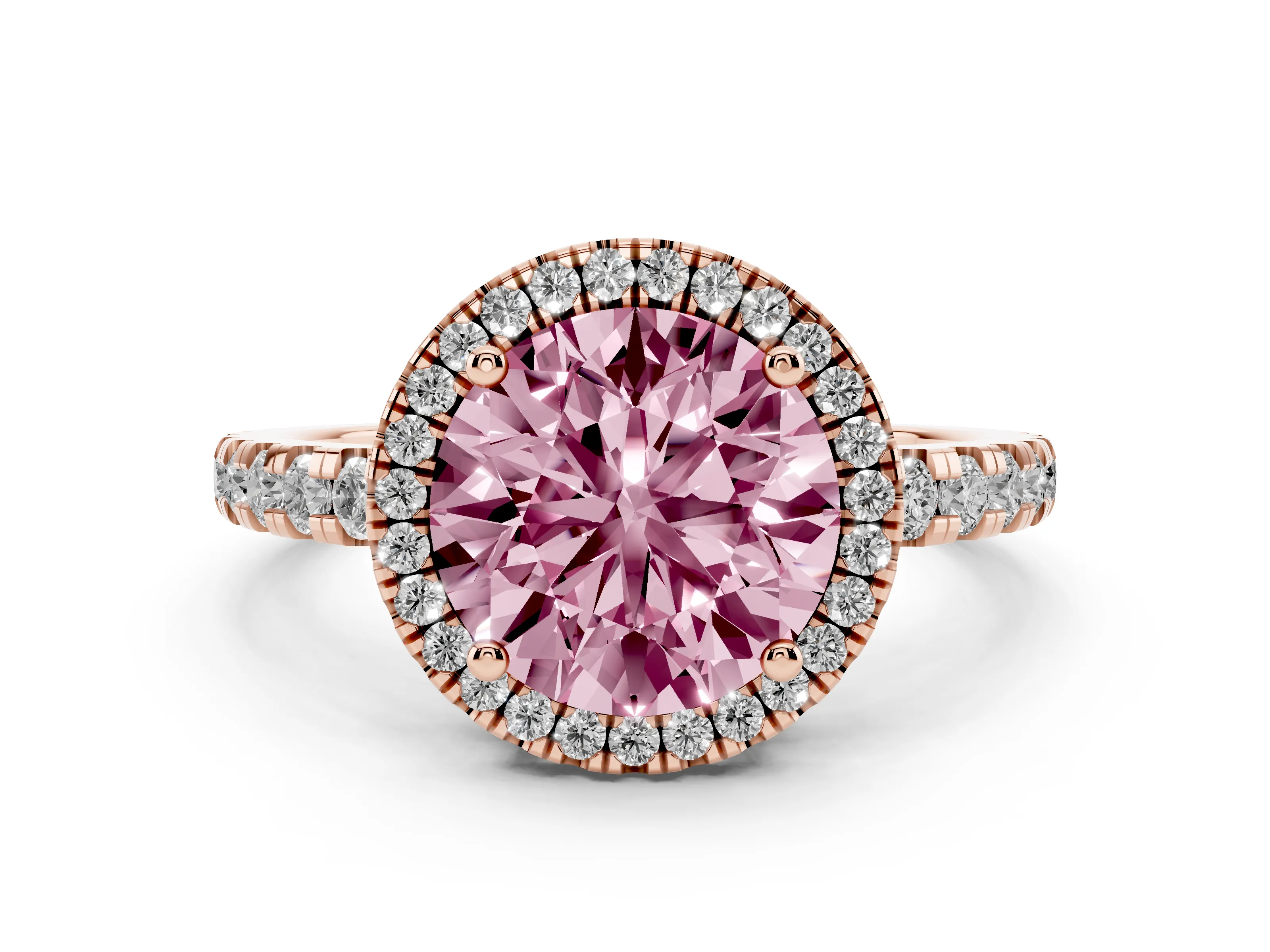 Fancy Pink Round Cut Diamond Halo Ring Set in Rose gold with Delicate Pavé Band and Prong Setting