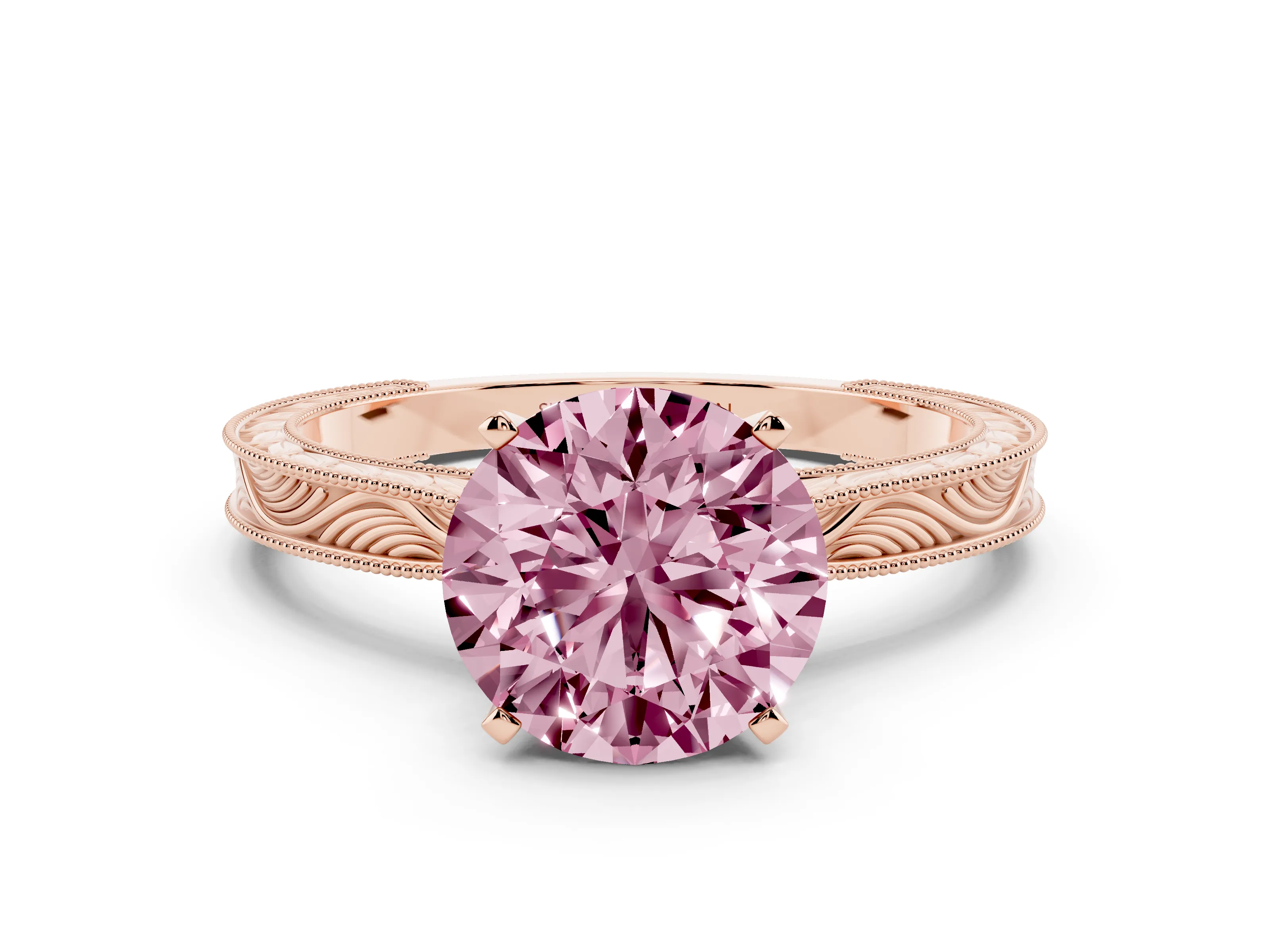 Fancy Pink Round Cut Diamond Solitaire Milgrain Engraved Band Set in Rose gold with Prong Setting