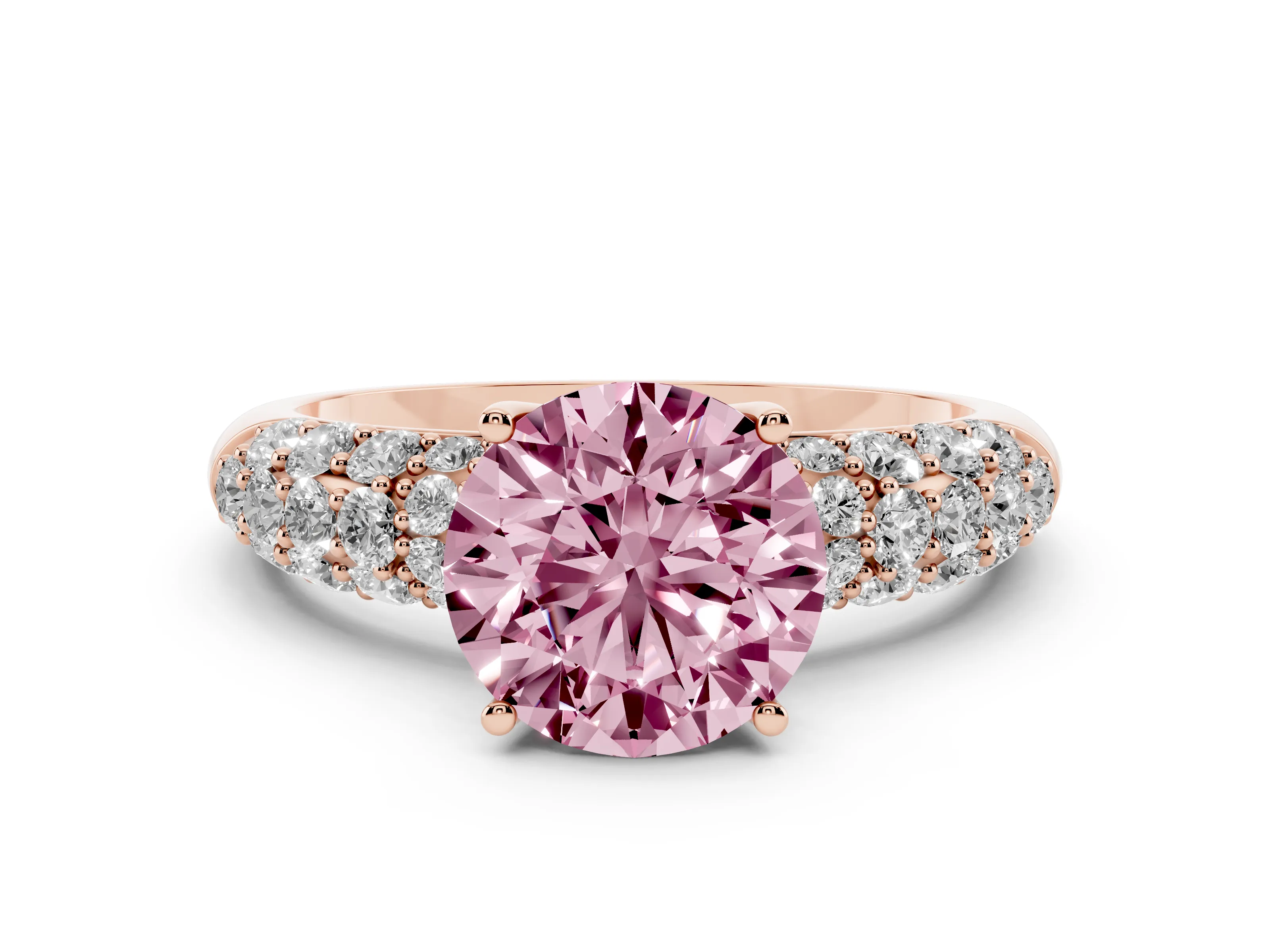 Fancy Pink Round Cut Diamond Pavé Band Solitaire Ring Set in Rose gold with Close-Set Accent Stones and Prong Setting