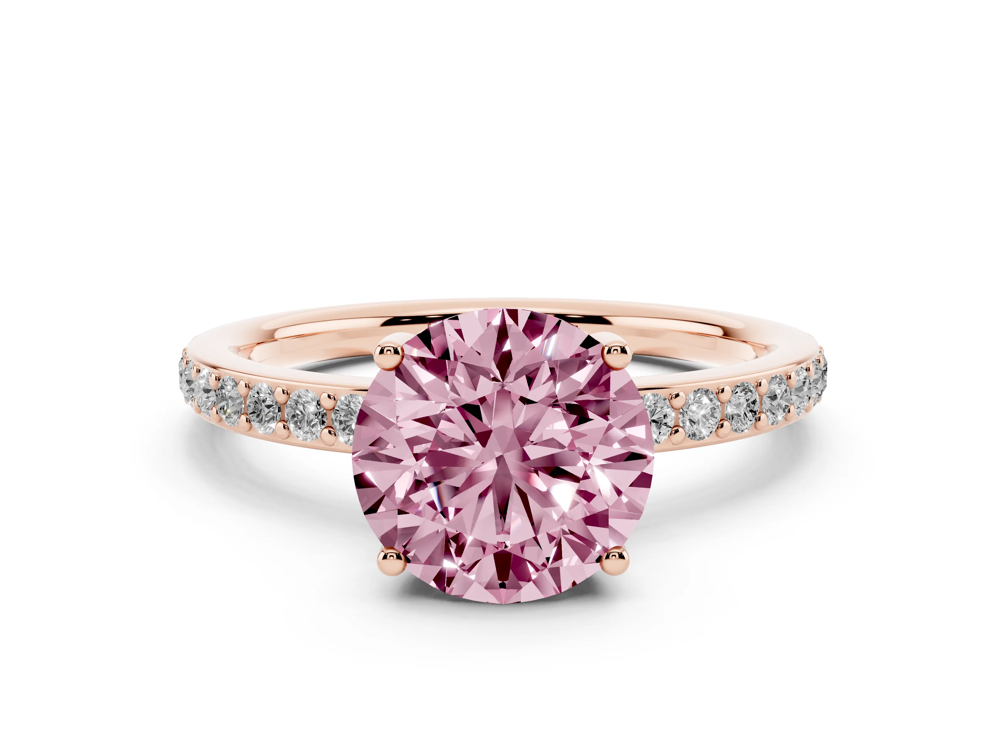 Fancy Pink Round Cut Diamond Pavé Band Ring Set in Rose gold with Prong-Set Center Stone