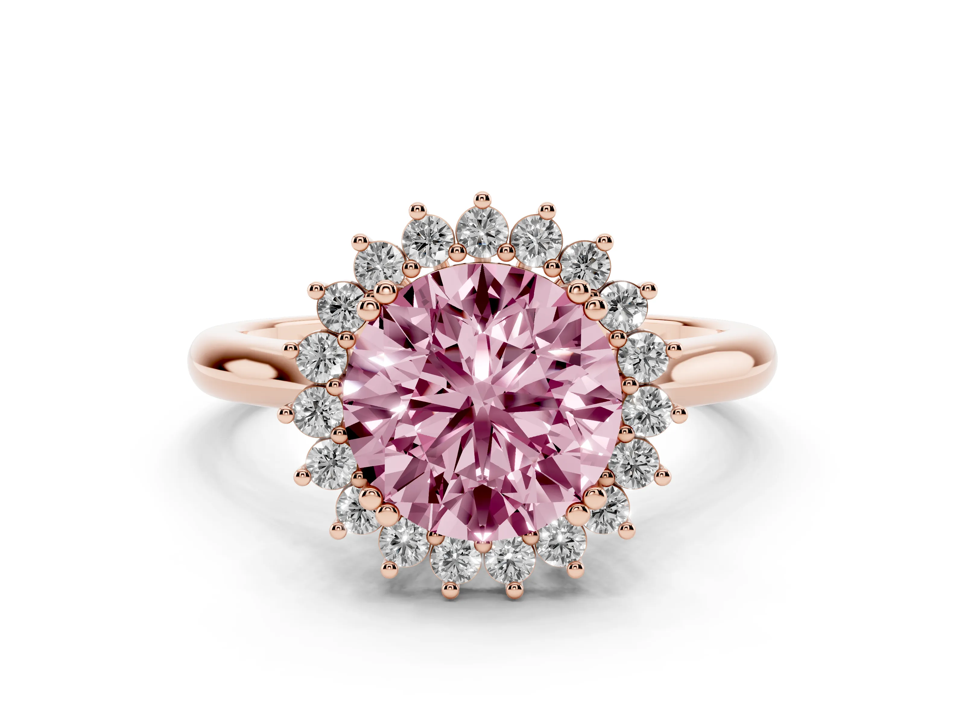 Fancy Pink Round Cut Diamond Halo Ring Set in Rose gold with Plain Solitaire Band and Prong Setting