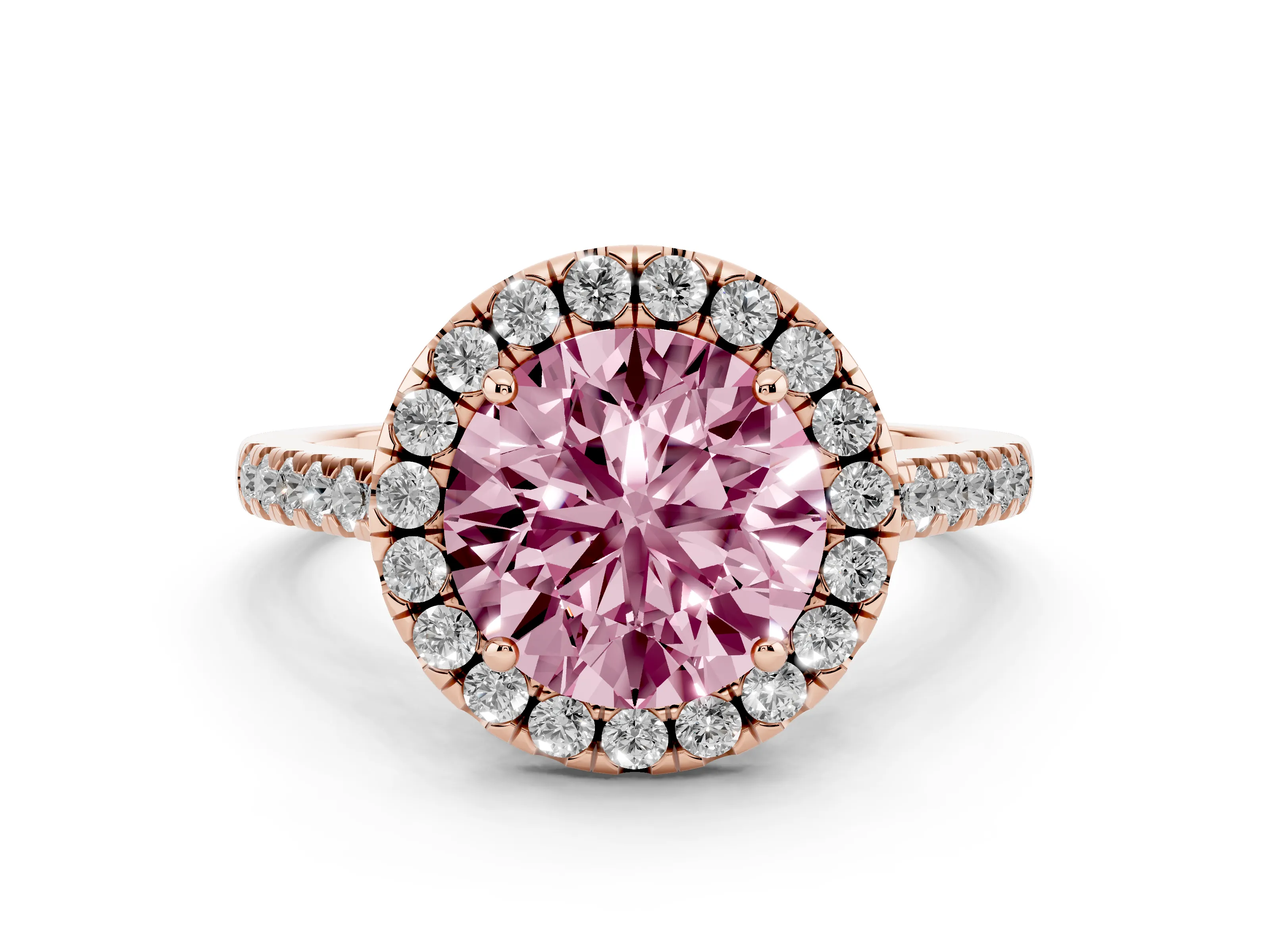 Fancy Pink Round Cut Diamond Pavé Halo Engagement Ring Set in Rose gold with Pavé Band and Prong Setting