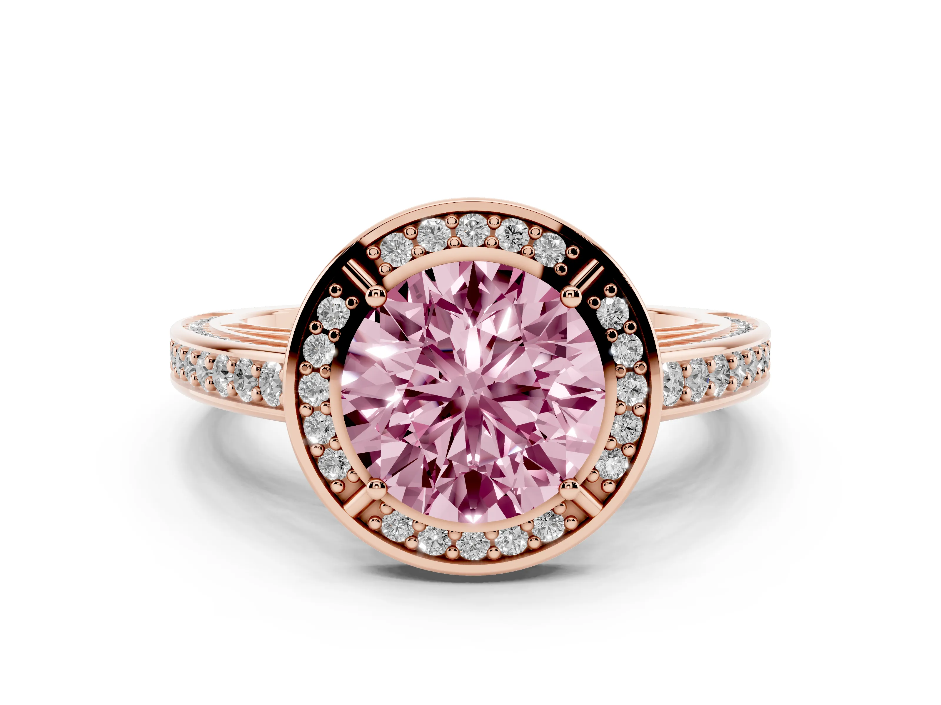 Fancy Pink Round Cut Diamond Halo Pavé Split Shank Ring Set in Rose gold with Prong Setting