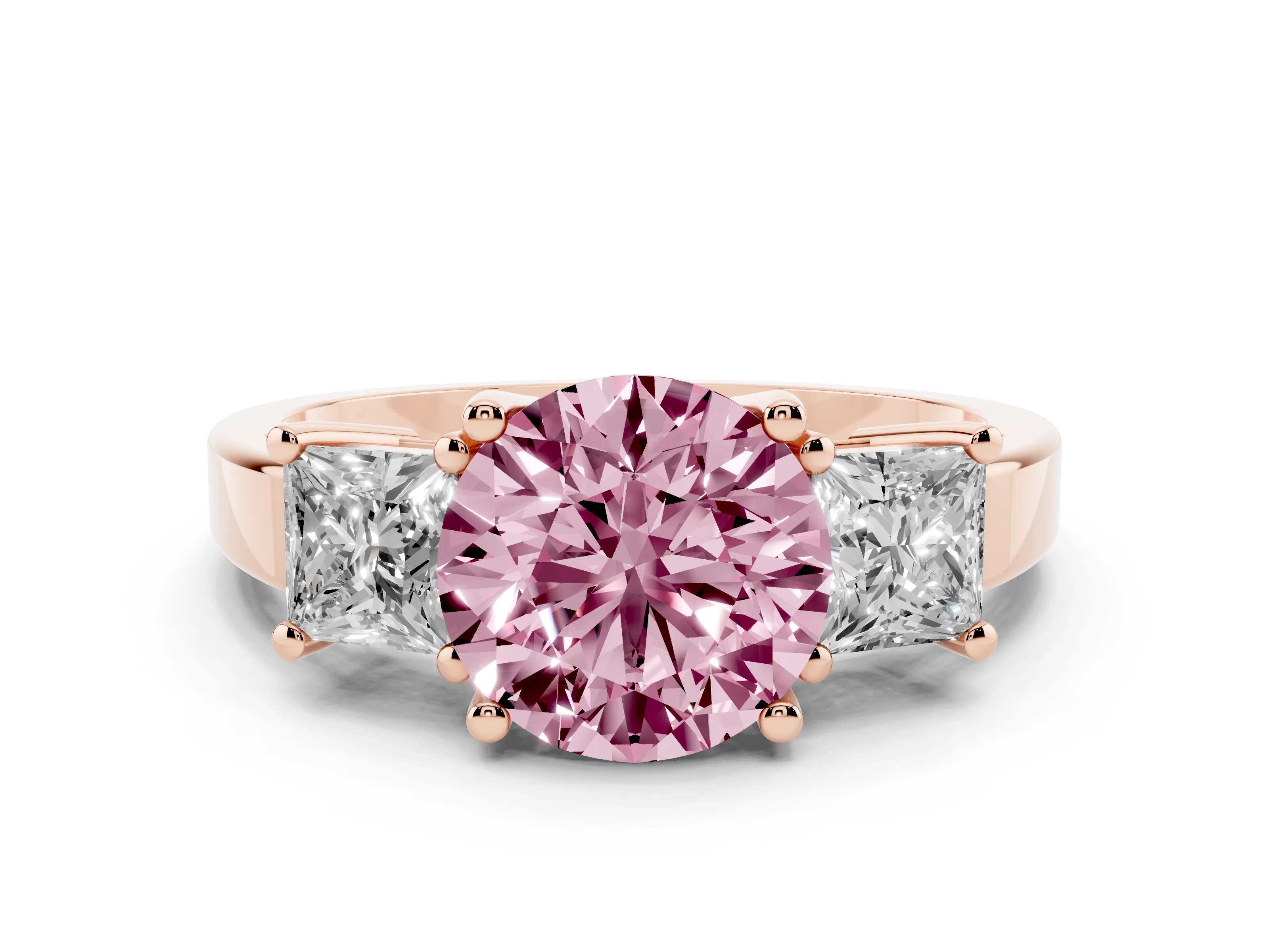 Fancy Pink Three-Stone Round Cut Diamond Solitaire Ring Set in Rose gold with Prong Setting