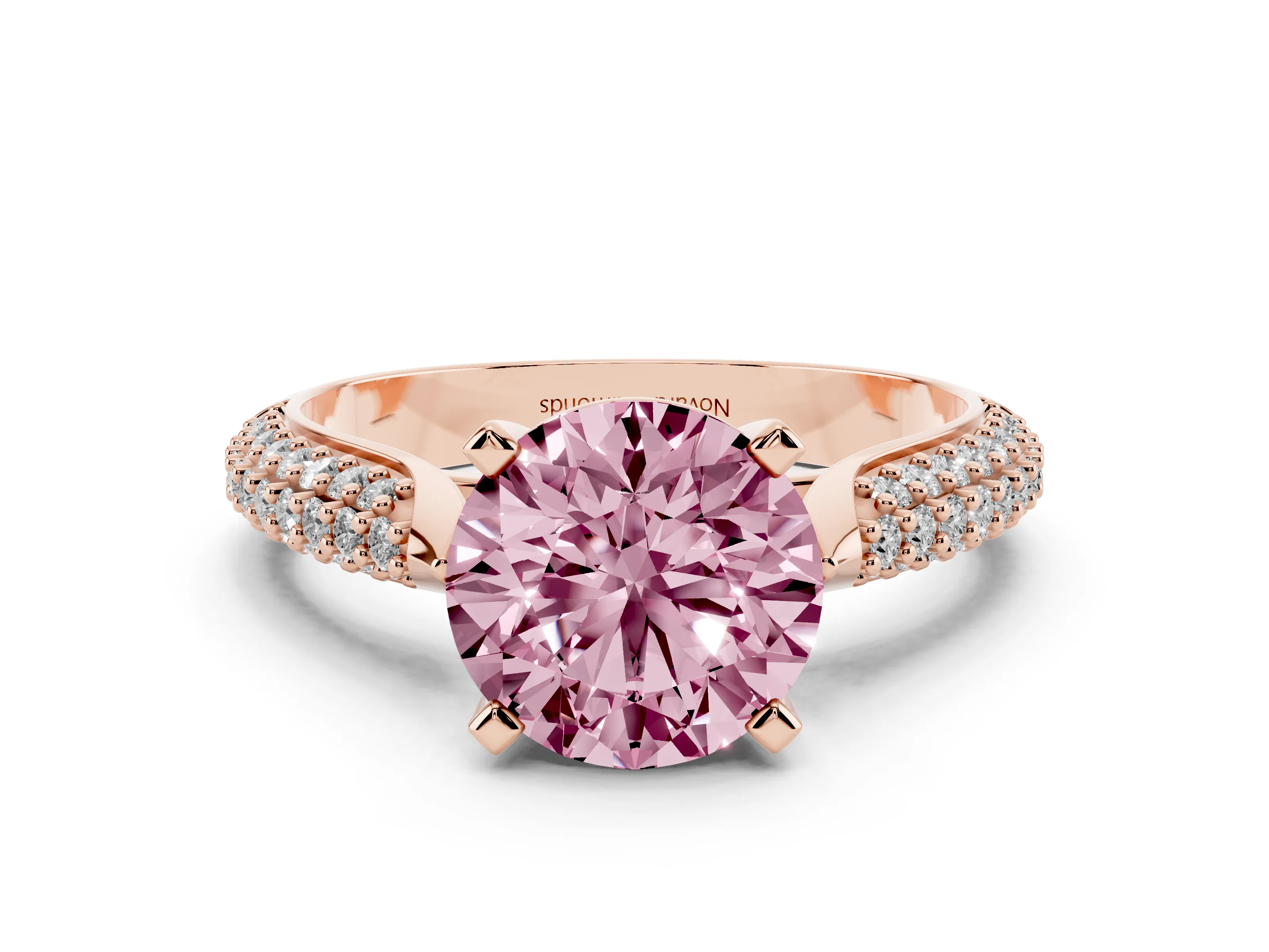 Fancy Pink Round Cut Diamond Solitaire Engagement Ring Set in Rose gold with Multi-Row Round Pavé Band and Prong Setting