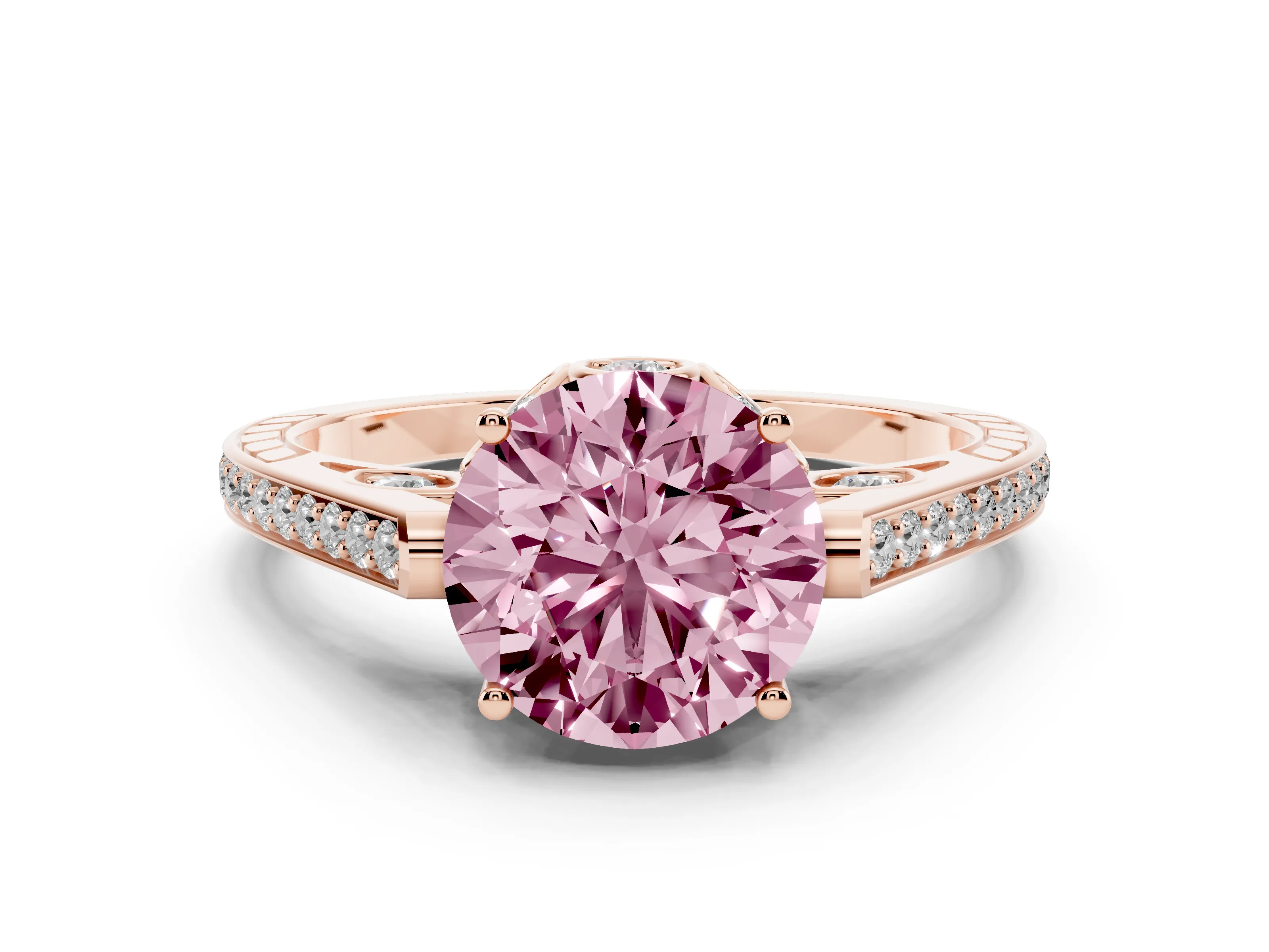 Fancy Pink Round Cut Diamond Cathedral Pavé Engagement Ring Set in Rose gold with Prong Setting