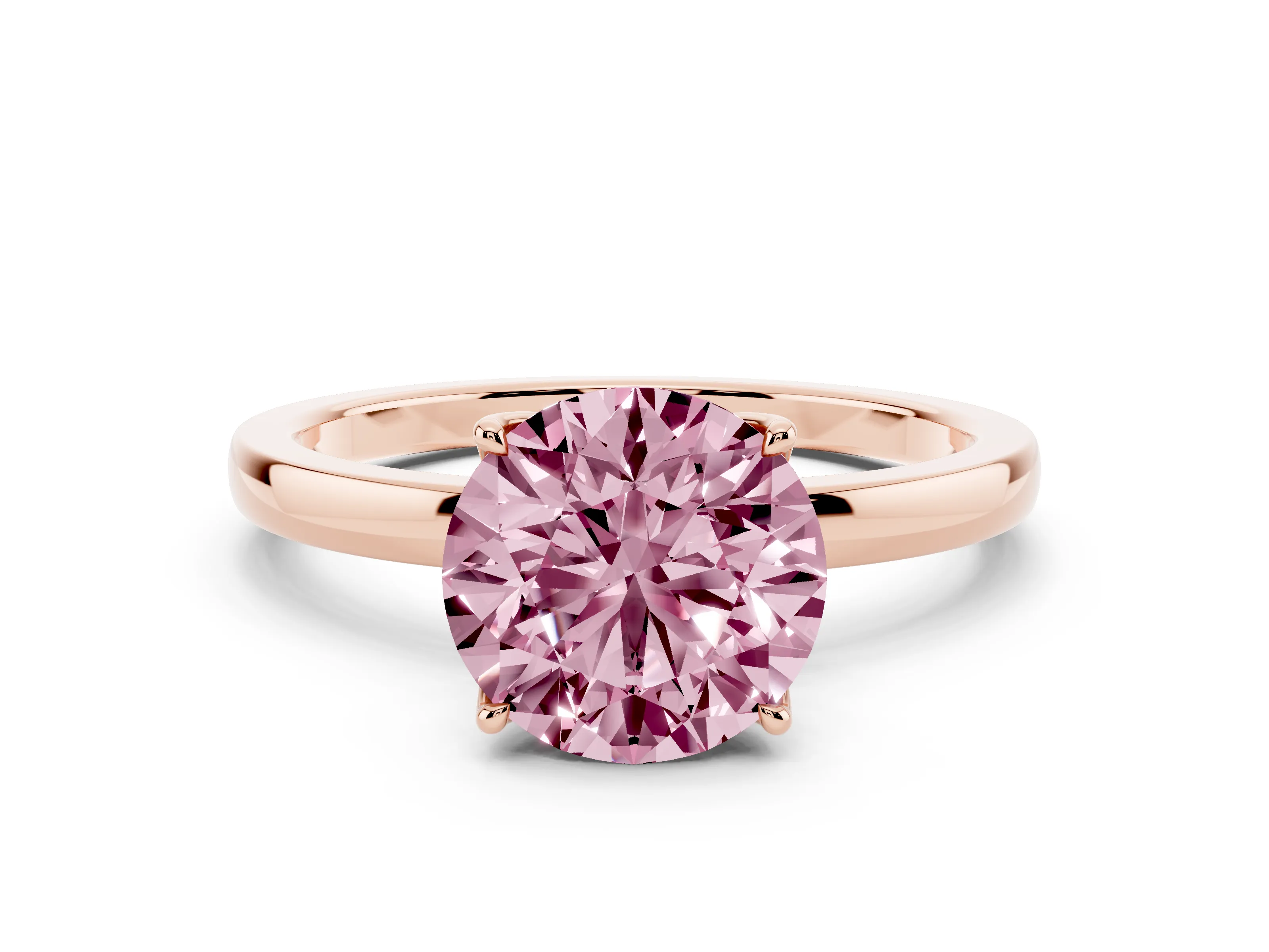 Fancy Pink Round Cut Diamond Solitaire Ring Set in Rose gold with Prong Setting and Thin Polished Band