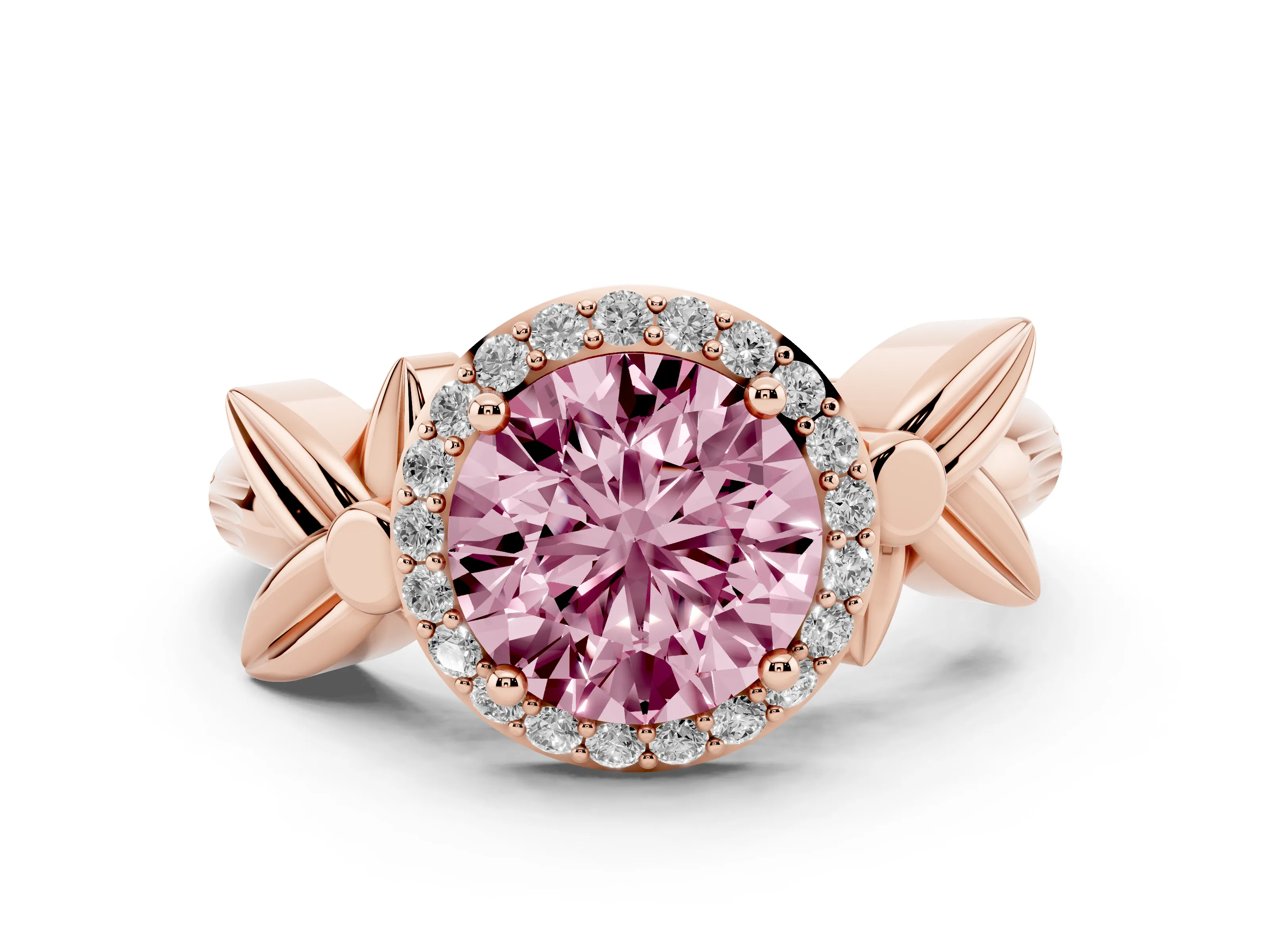 Fancy Pink Round Cut Diamond Halo Floral Band Ring Set in Rose gold with Prong Setting