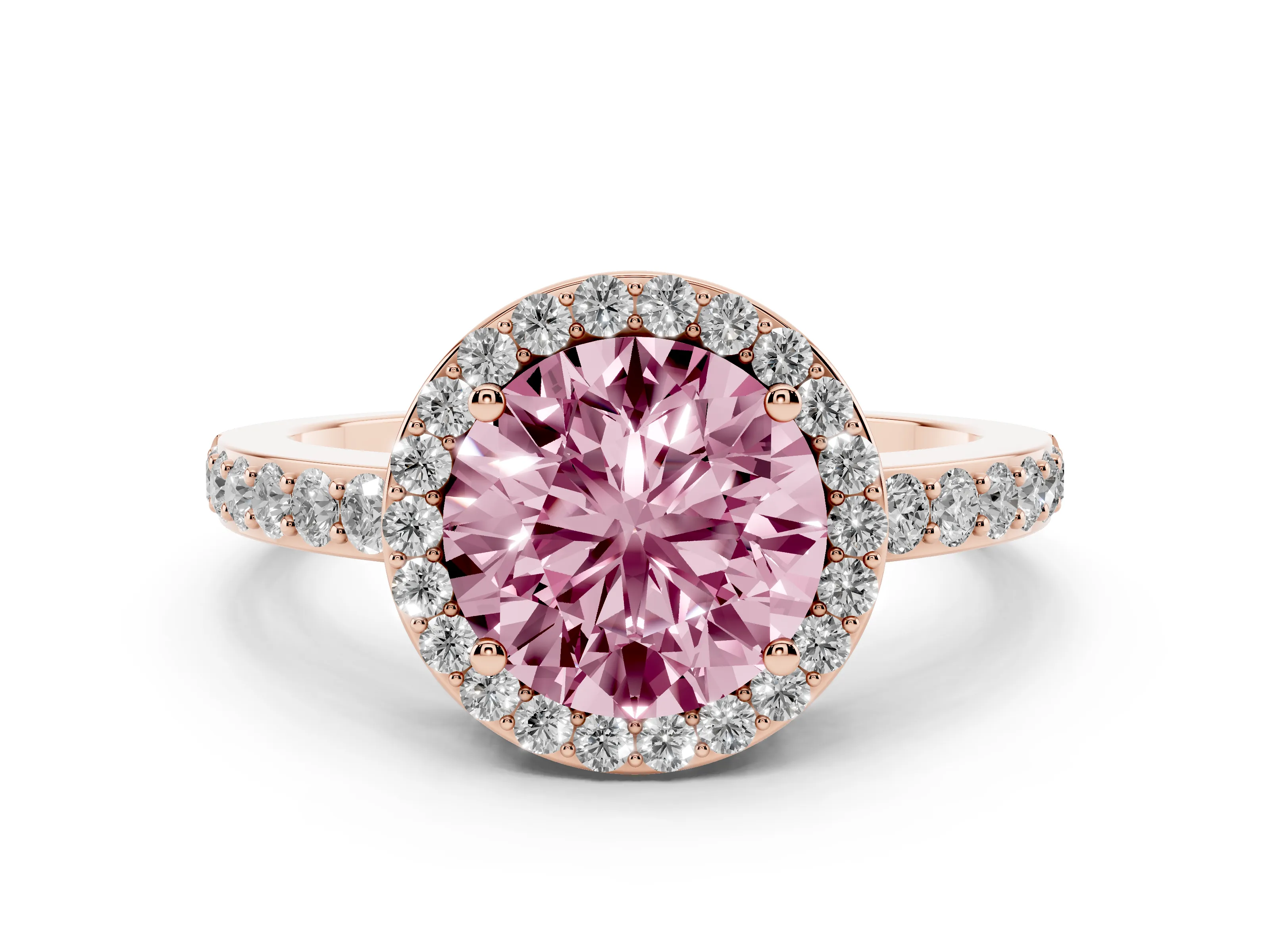 Fancy Pink Round Cut Diamond Halo Ring Set in Rose gold with Pavé-Setting Band and Open Prong Center
