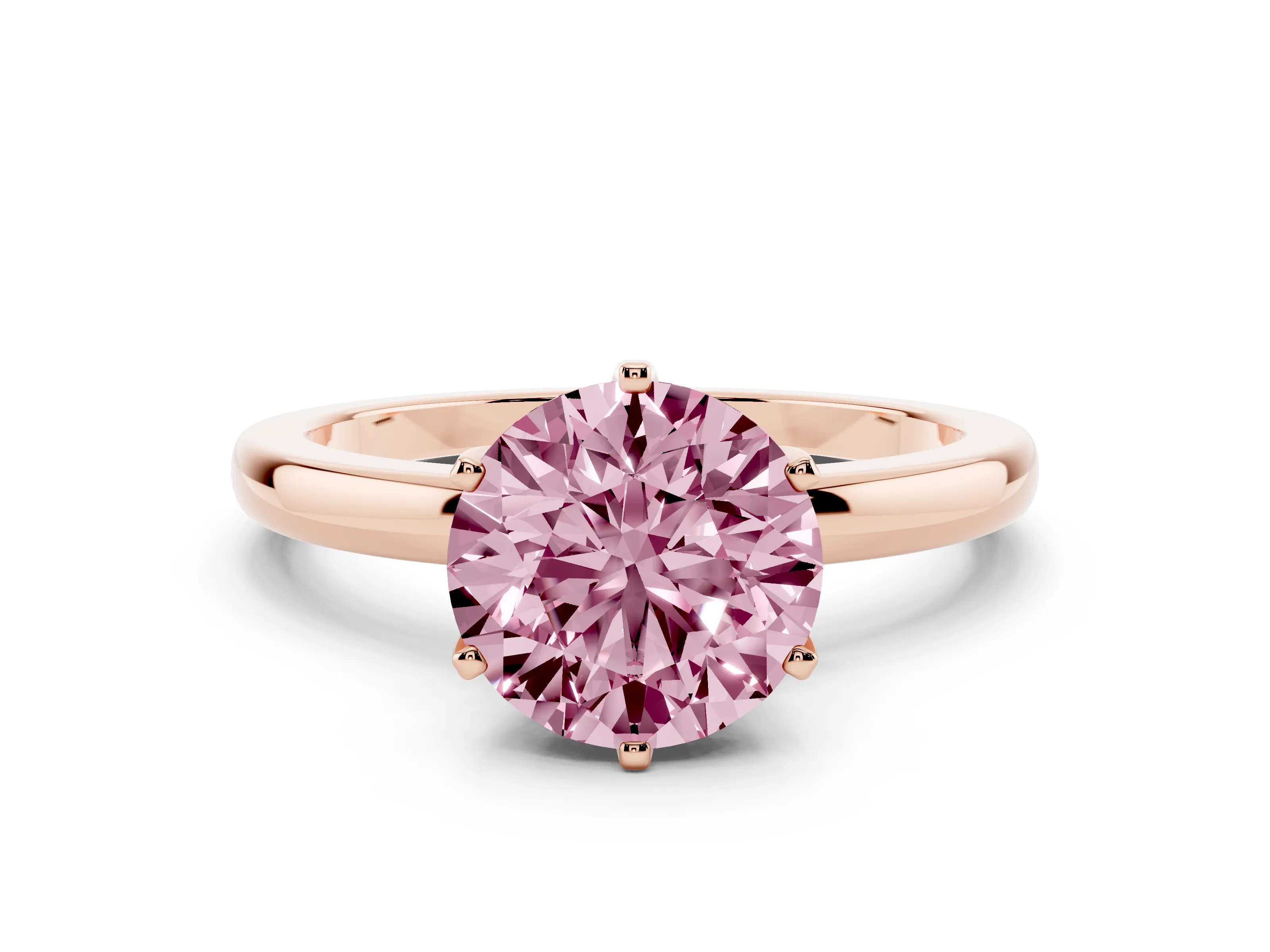 Fancy Pink Round Cut Diamond Solitaire Ring Set in Rose gold with Raised Prong Setting on a Classic Band