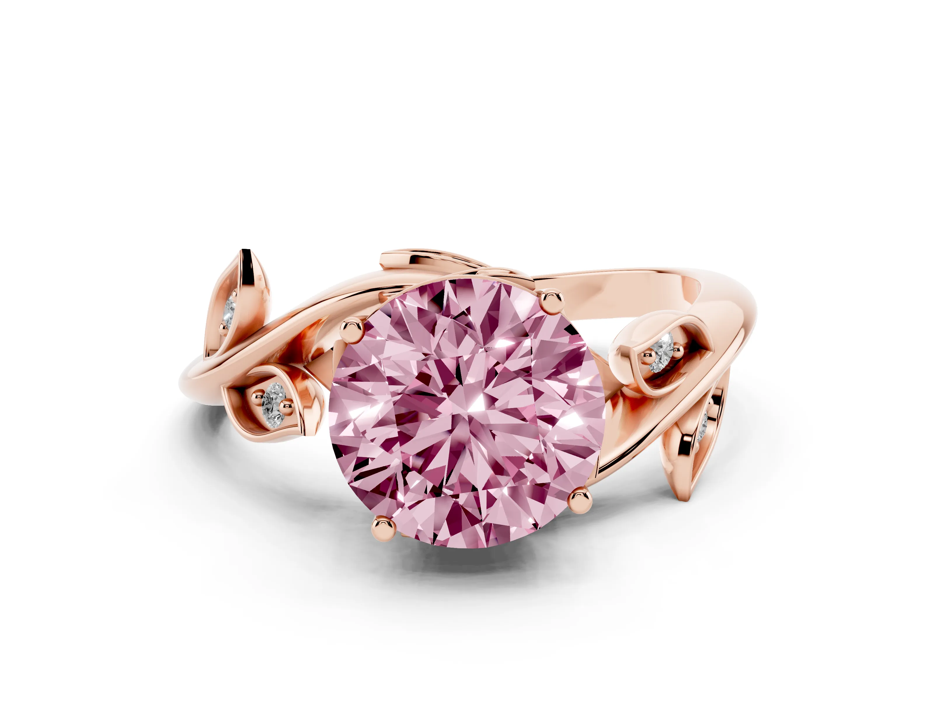 Fancy Pink Round Cut Diamond Solitaire Twist Engagement Ring Set in Rose gold with Pavé Leaf Accents