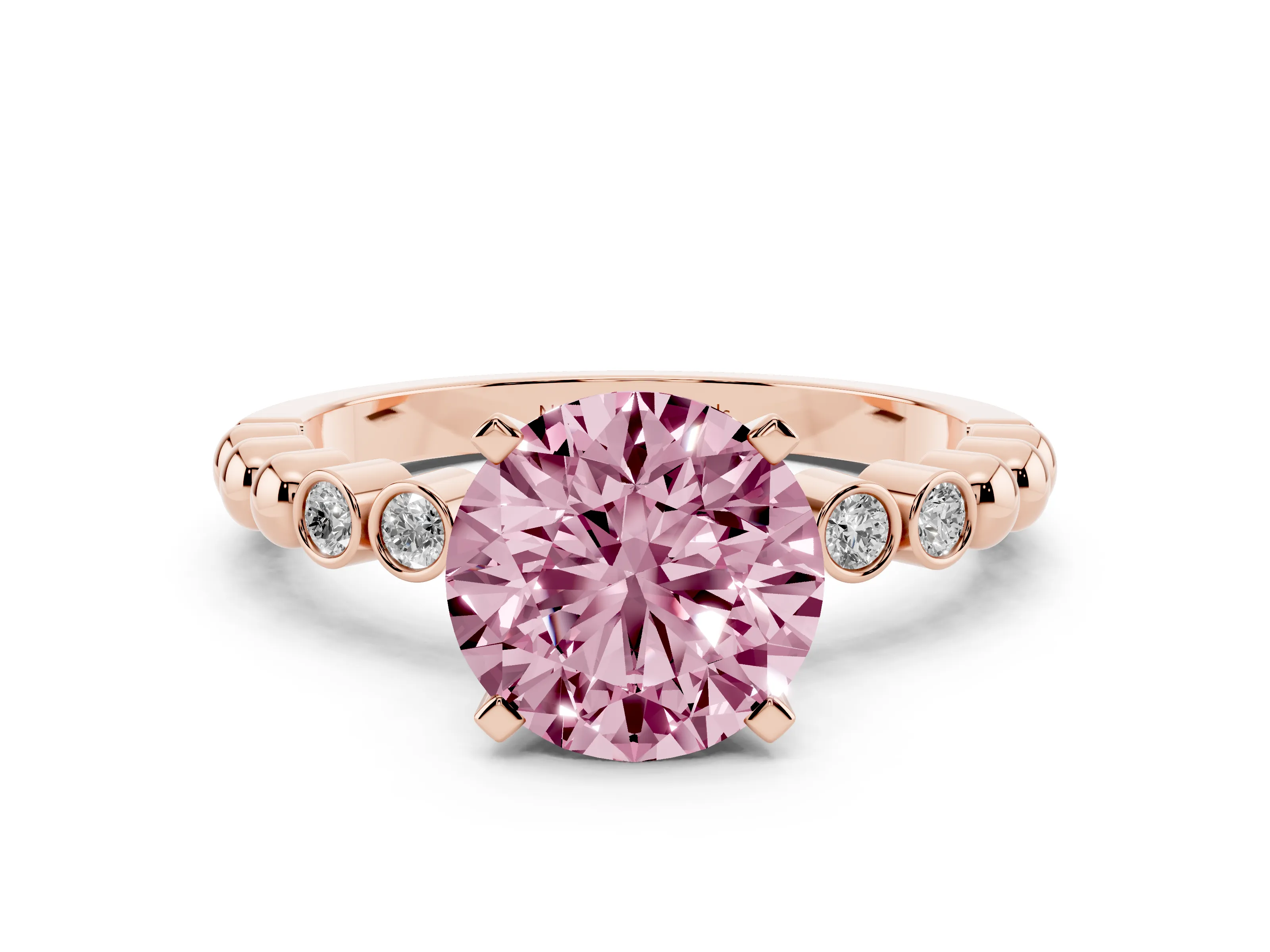 Fancy Pink Round Cut Diamond Solitaire Engagement Ring Set in Rose gold with Bezel Accents on Beaded Band