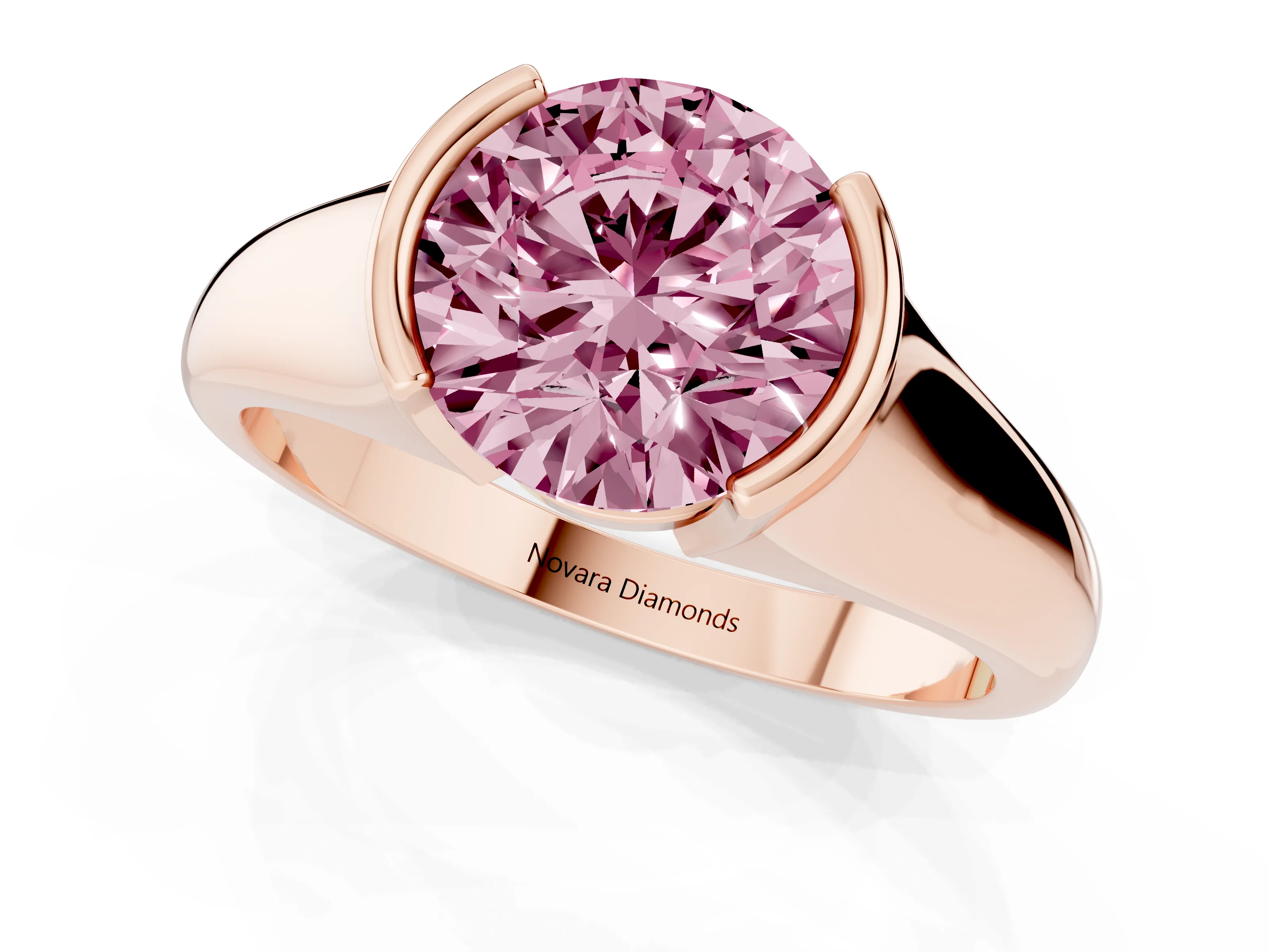 Fancy Pink Round Cut Diamond Solitaire Tension Set Ring Set in Rose gold with Split Shank Band