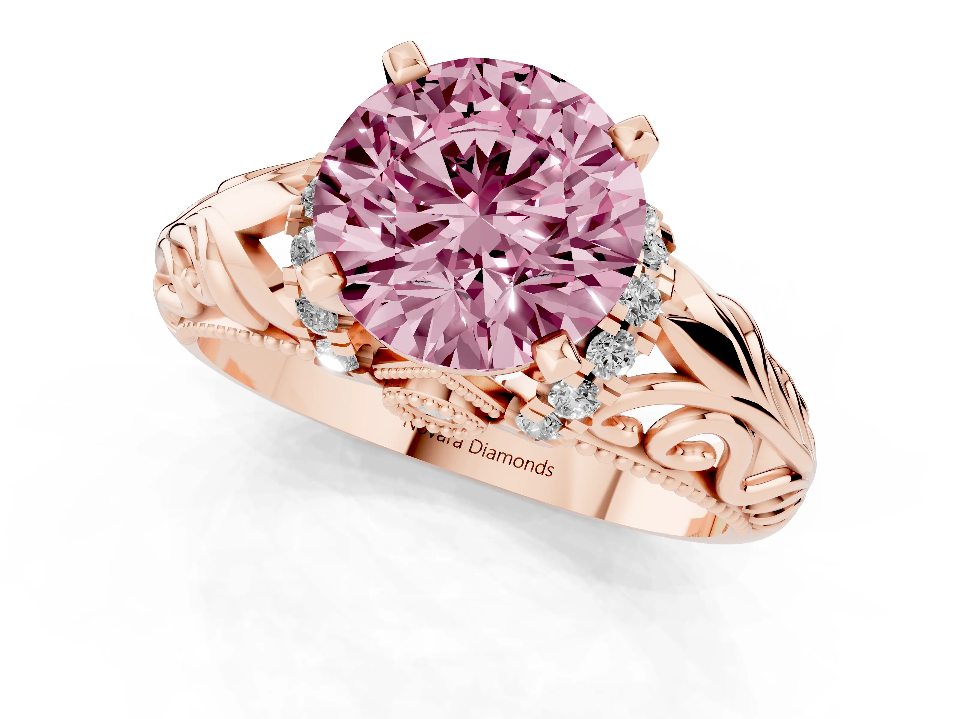 Fancy Pink Round Cut Diamond Filigree Halo Engagement Ring Set in Rose gold with Prong Setting